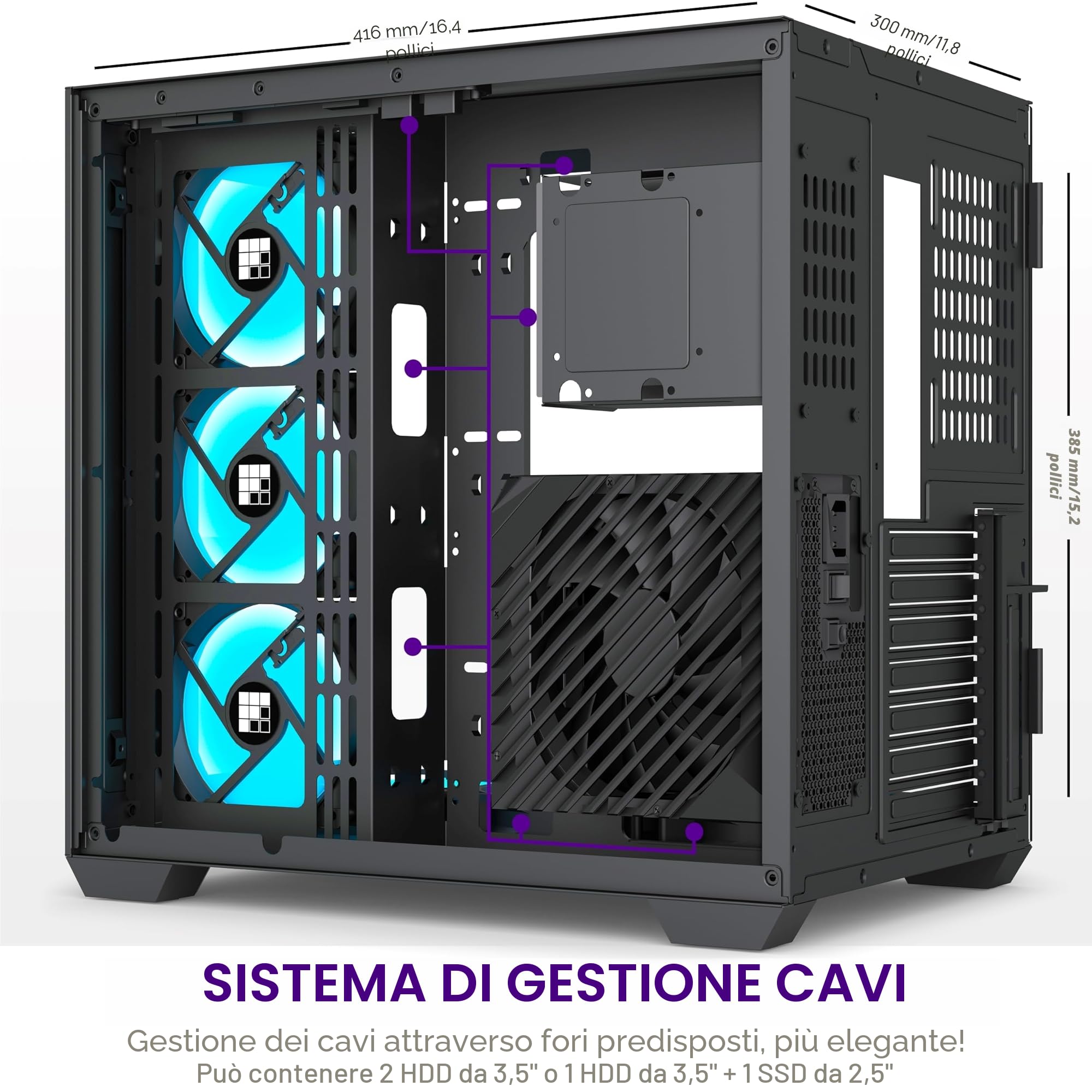 FOIFKIN F300 Case PC ATX con 7 ventole PWM ARGB,Case per PC Mid-Tower ad alto flusso d'aria,Case PC Gaming,Case ATX nero,Case computer Big Tower,Supporta Radiatore 360 mm,Type-C (Legno-Nero, F300)
