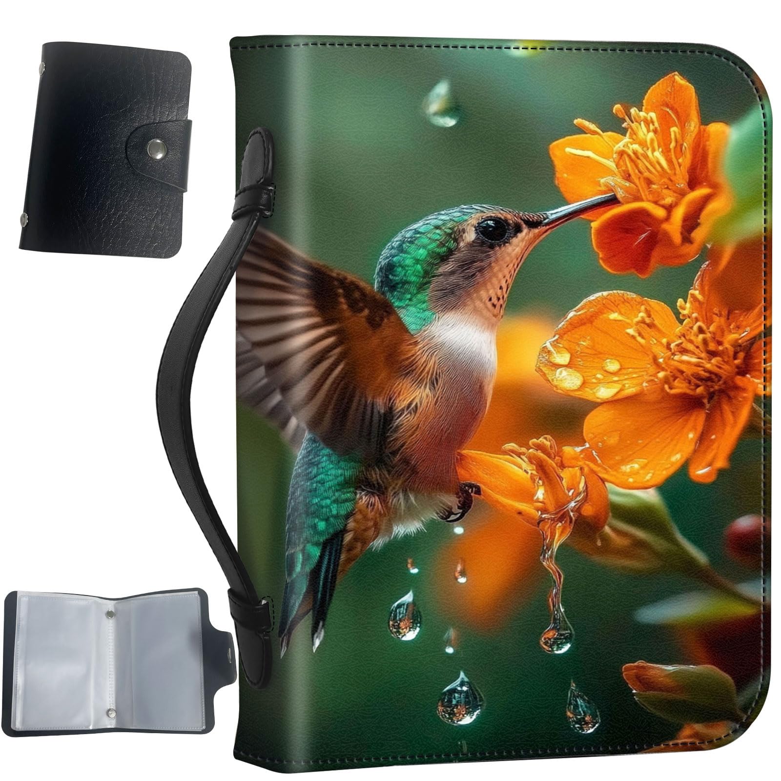 PU Leather Bible Cover with Handle & Pockets, Large Capacity Bible Case, Water-Resistant Scripture Organizer Bag with Bonus Card Holder, Christian Gift for Women & Men, Hummingbird