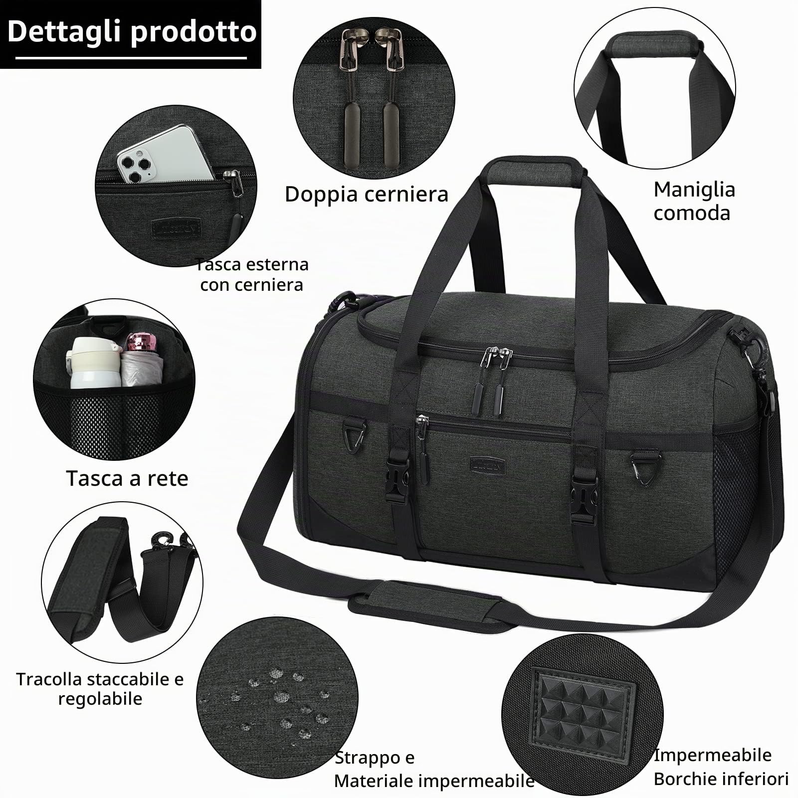 Lubardy Borsone Palestra Uomo Donna 55L Impermeabile Borsone da Viaggio Grande con Asciugamano Palestra e Scomparto Scarpe Duffel Bag Borsa Sportiva Nuoto Nero