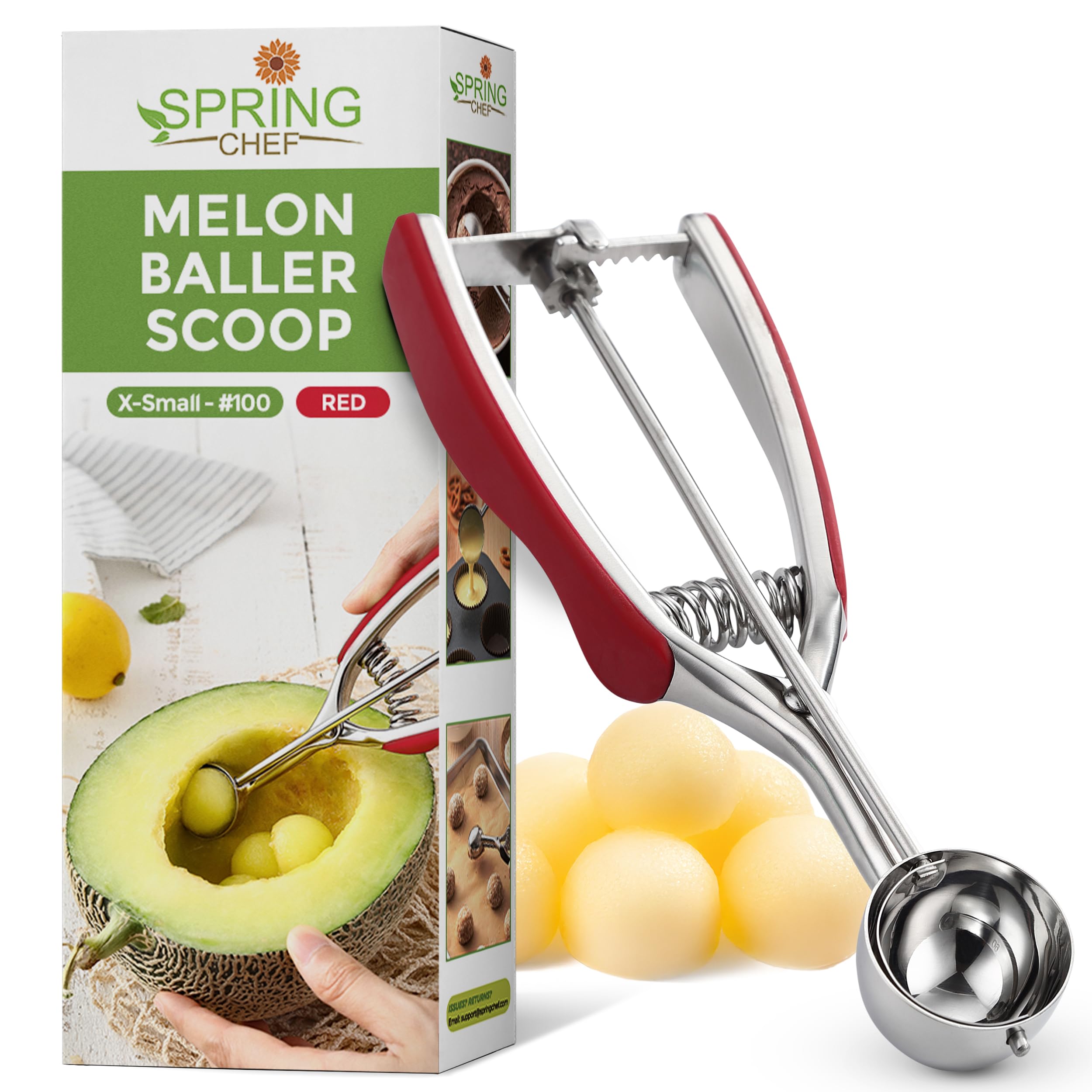 Spring Chef Extra Small Stainless Steel Melon Baller Scoop, #100, Red