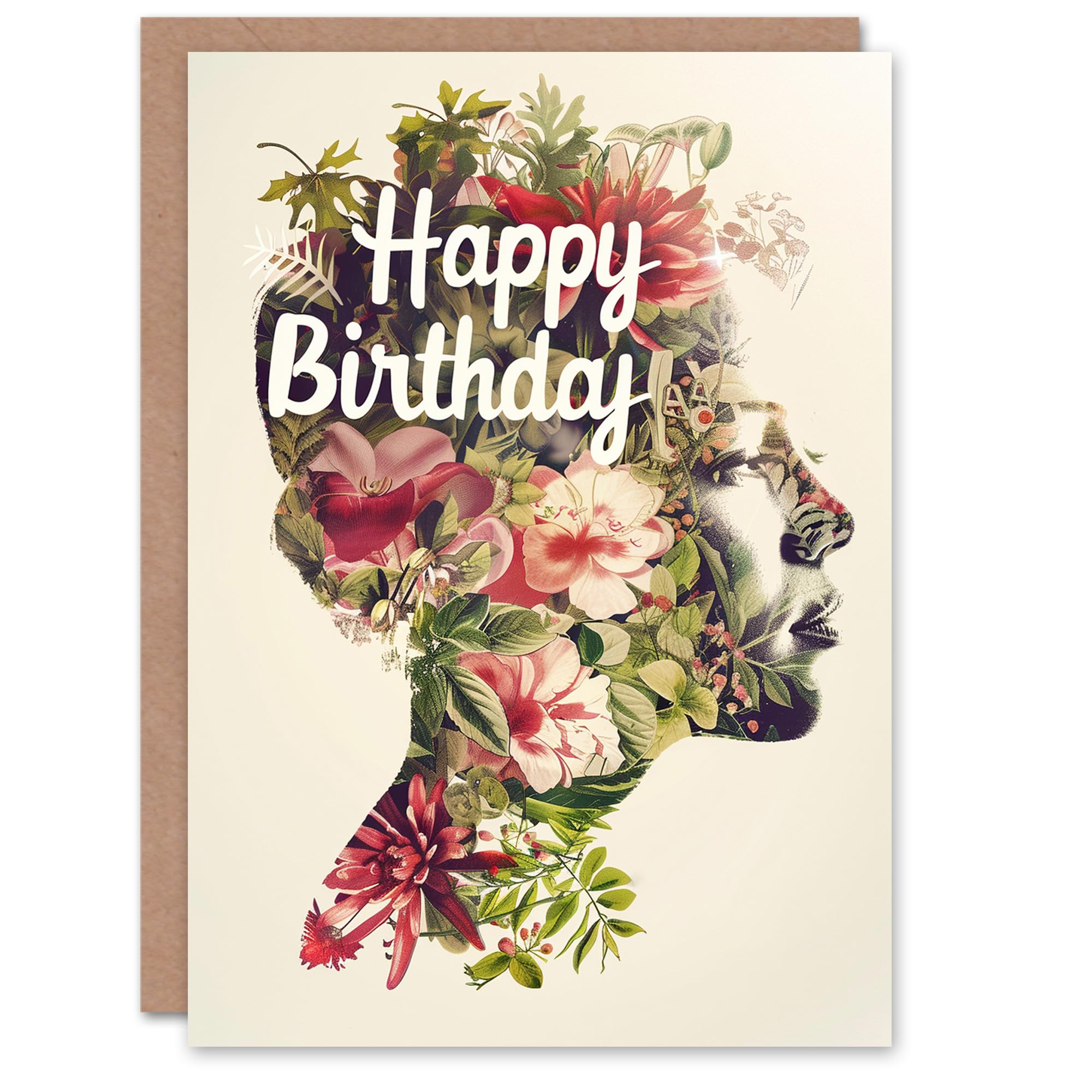 Artery8 Birthday Card Floral Illustration Double Exposure Portrait For Her Gran Sister Niece Daughter Wife Woman Greeting Card