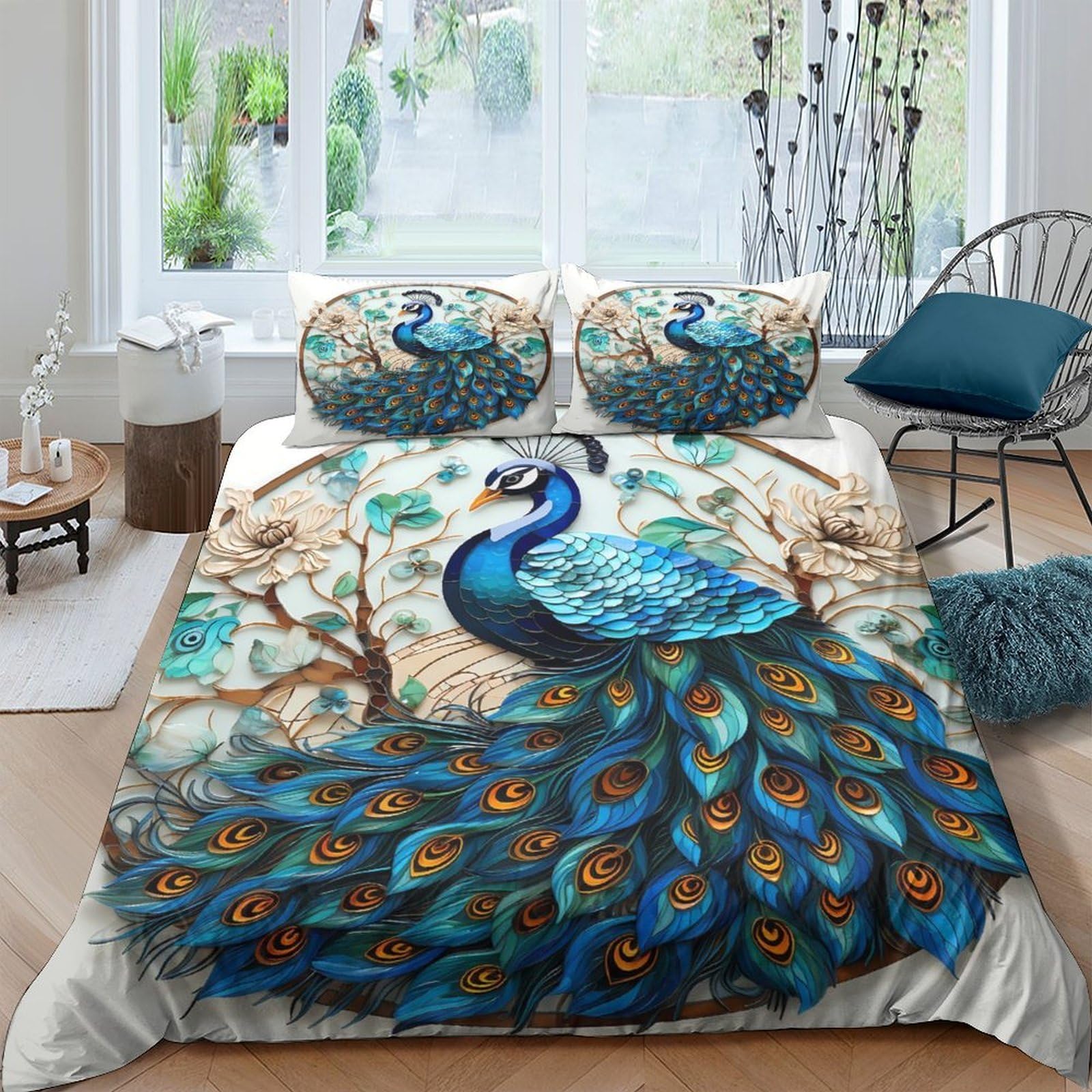 Ctjqhvkz Style-8 3D Printed Peacock Blue Fitted Sheet Microfiber Bedroom Decor Forest Branch Bed Cover Non-Slip Machine Washable Single（135X200cm）