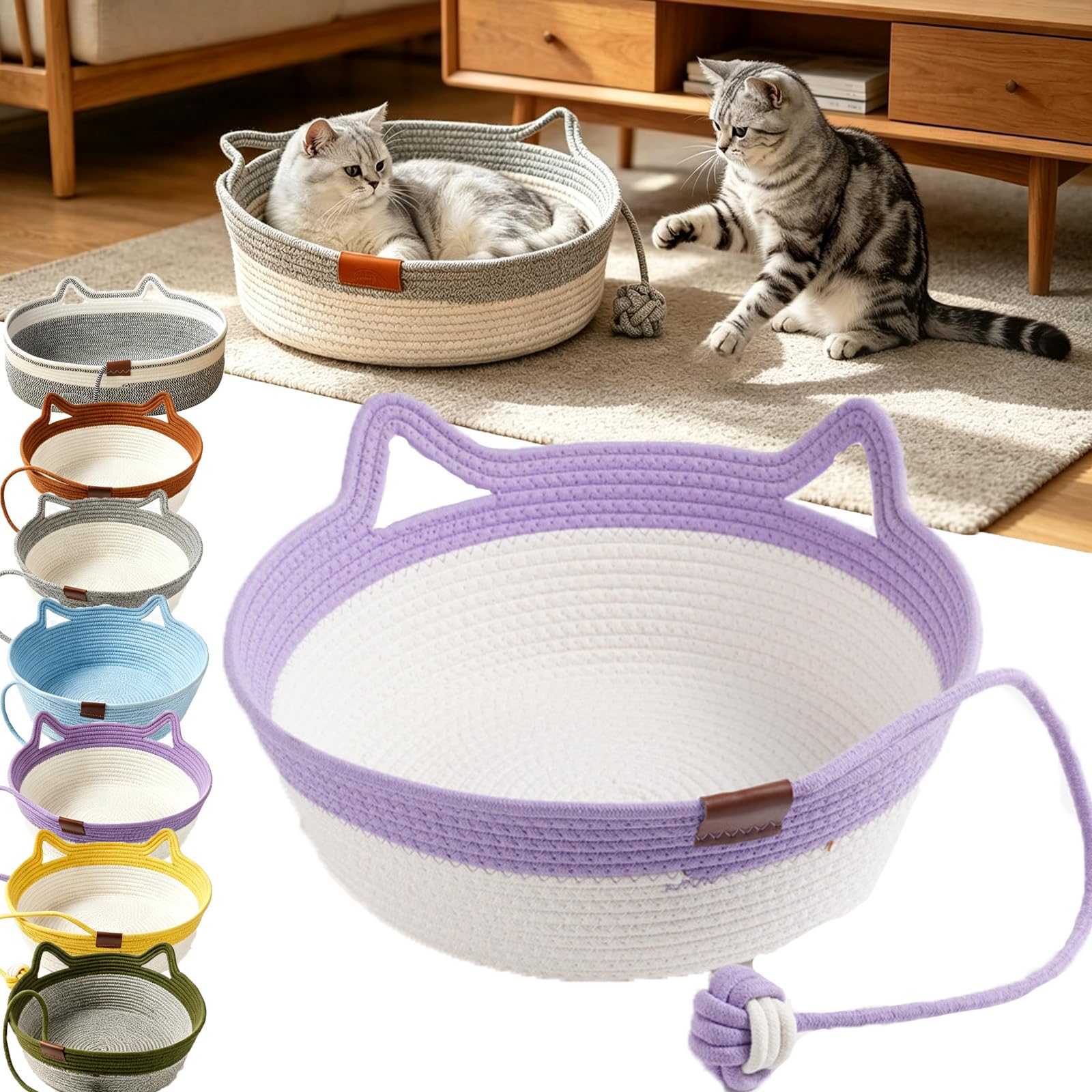 Cat Instinct Basket Cat Scratcher, Cat Basket Bed with Cushion and Hanging Ball Toy, Handwoven Cotton Rope Cats Bed for Cats & Kittens, Scratchable Woven Cat Nest Lounger for Sleeping & Playing，D：M — image 1
