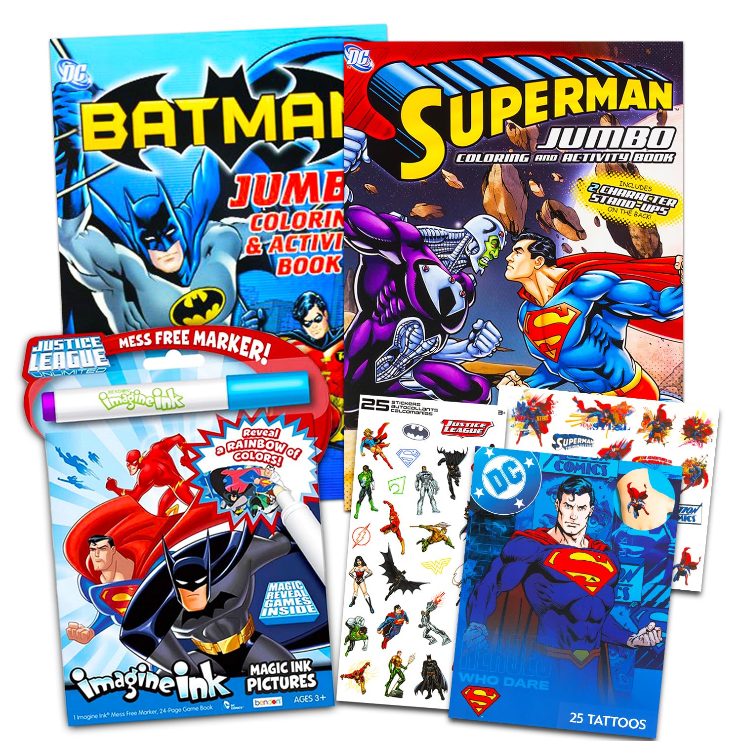 Super Hero Coloring Book Super Set - Bundle with 3 DC Comics Justice League Activity Books, Stickers and Temporary Tattoos (Superhero Party Favors)