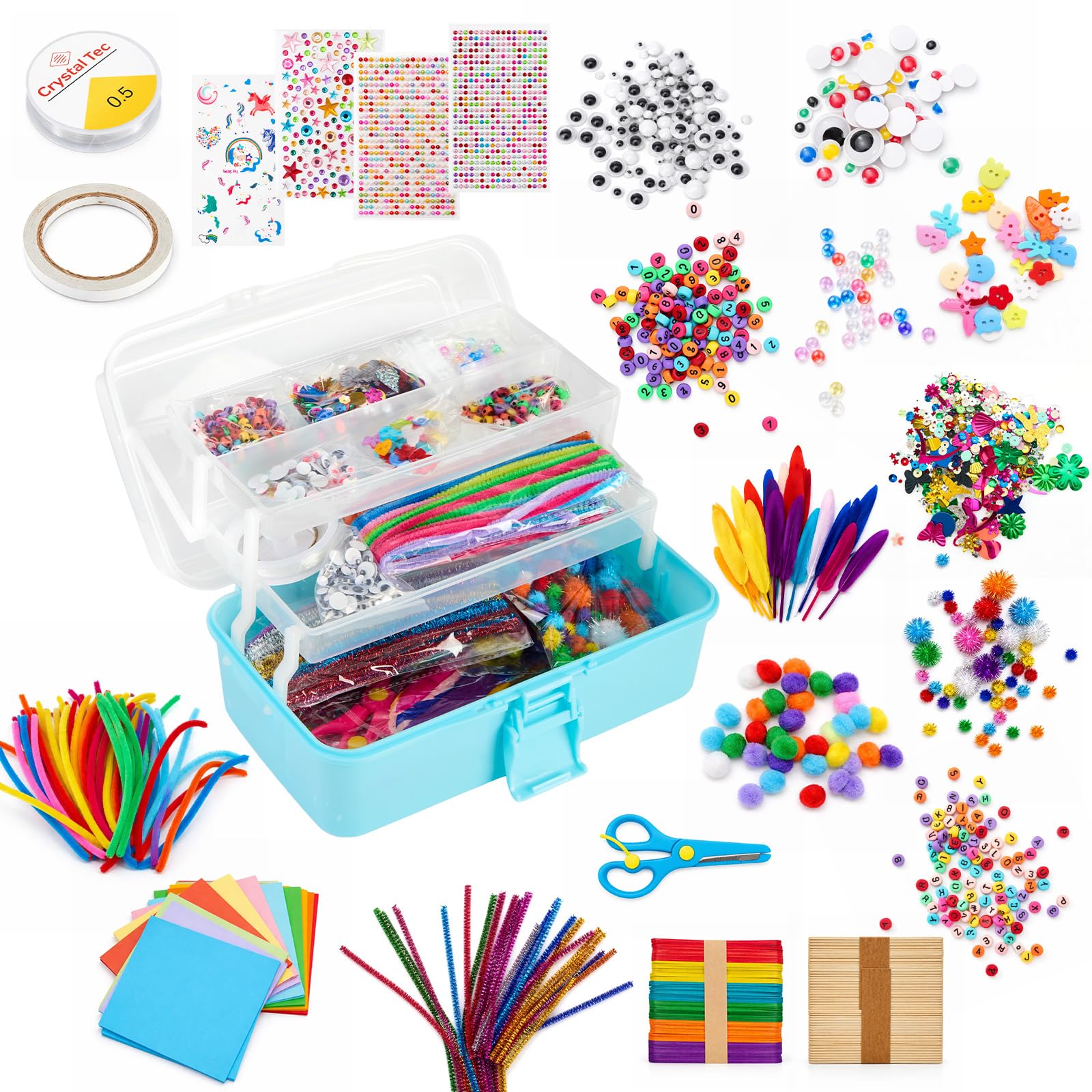 3000+ Pcs Arts and Crafts Supplies Box for Kids Ages 4+ All-in-One Creative Craft Set with Storage Box, Includes Pom Poms Pipe Cleaners Feathers Beads More Perfect DIY Gift for Boys Girls (Light Blue)