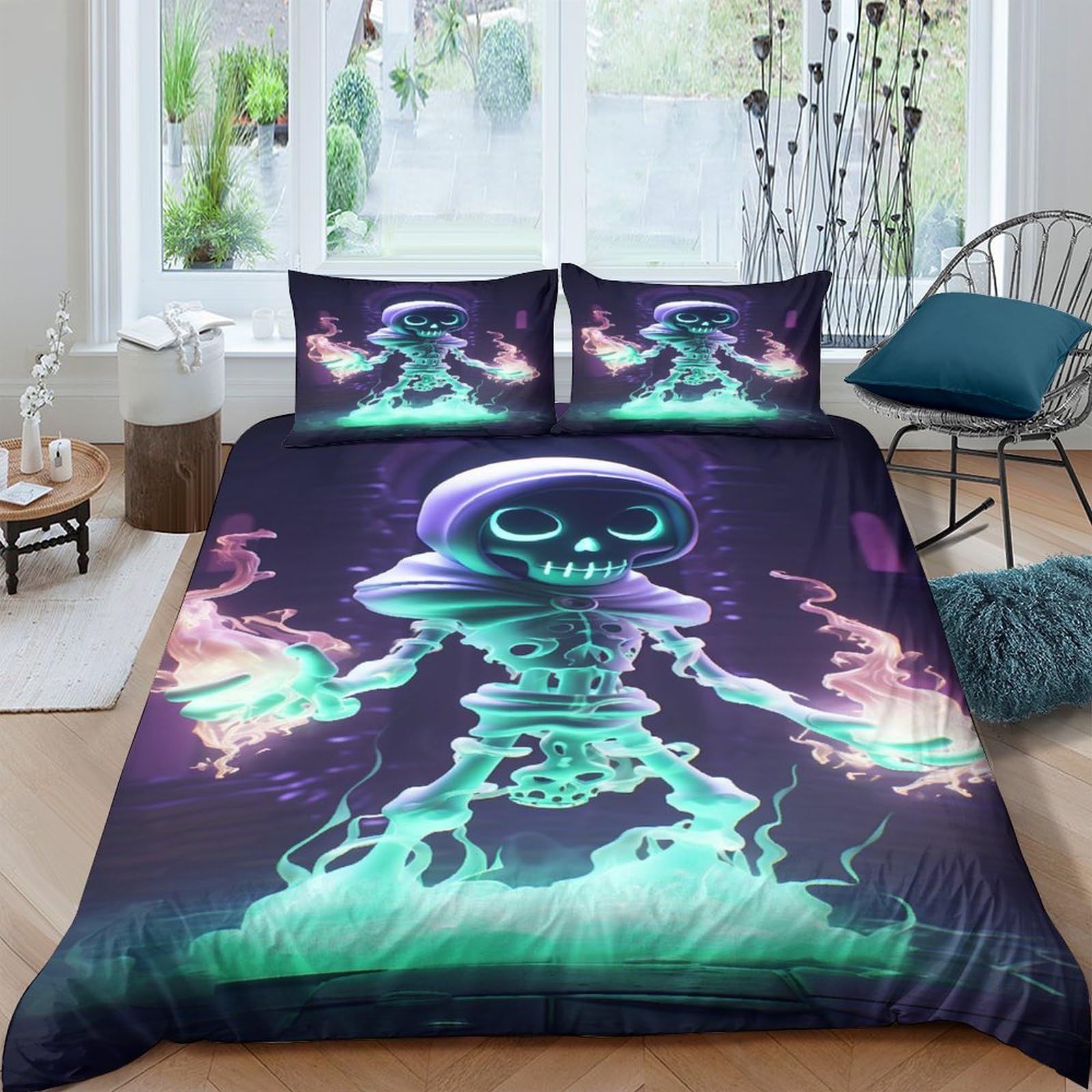 Parure de lit king size squelette de flamme violette housse de couette microfibre douce