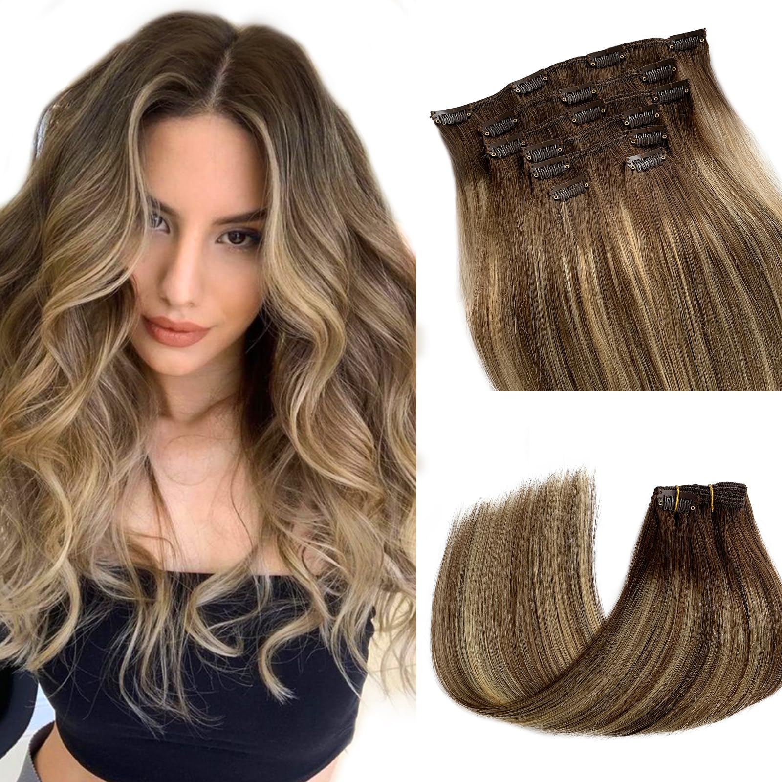 Human Hair Clip in Extensions Balayage Blonde Hair Extensions Real Human Hair Clip ins Brown Roots to Brown with Blonde Highlights Clip on Hair Extensions for Women 15 Inch 70grams 7pcs