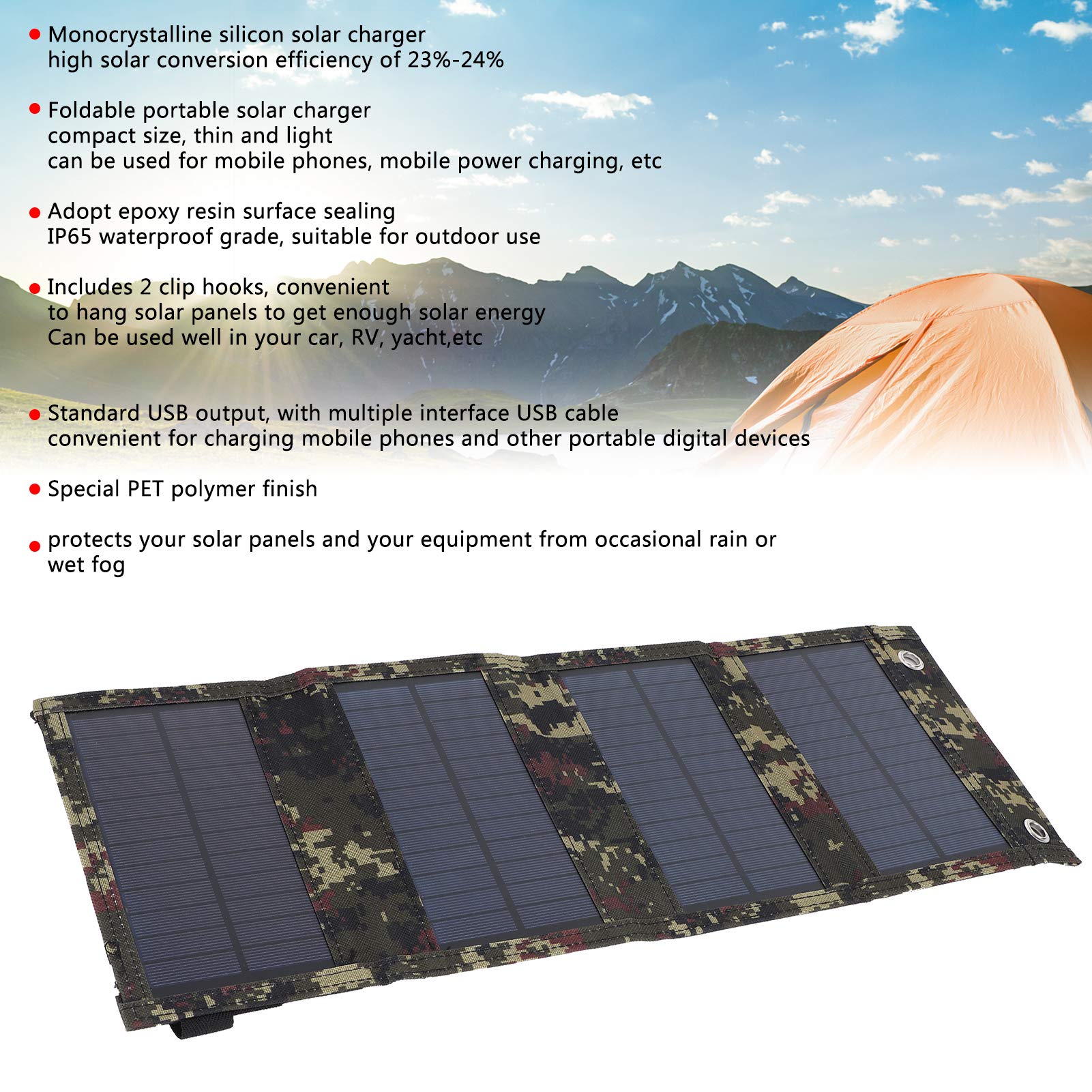 Banco de Energía Solar, Cargador de Panel Solar Portátil, Camping Al Aire Libre de RV de Silicio Monocristalino Impermeable para Teléfono Celular Coche de Yate