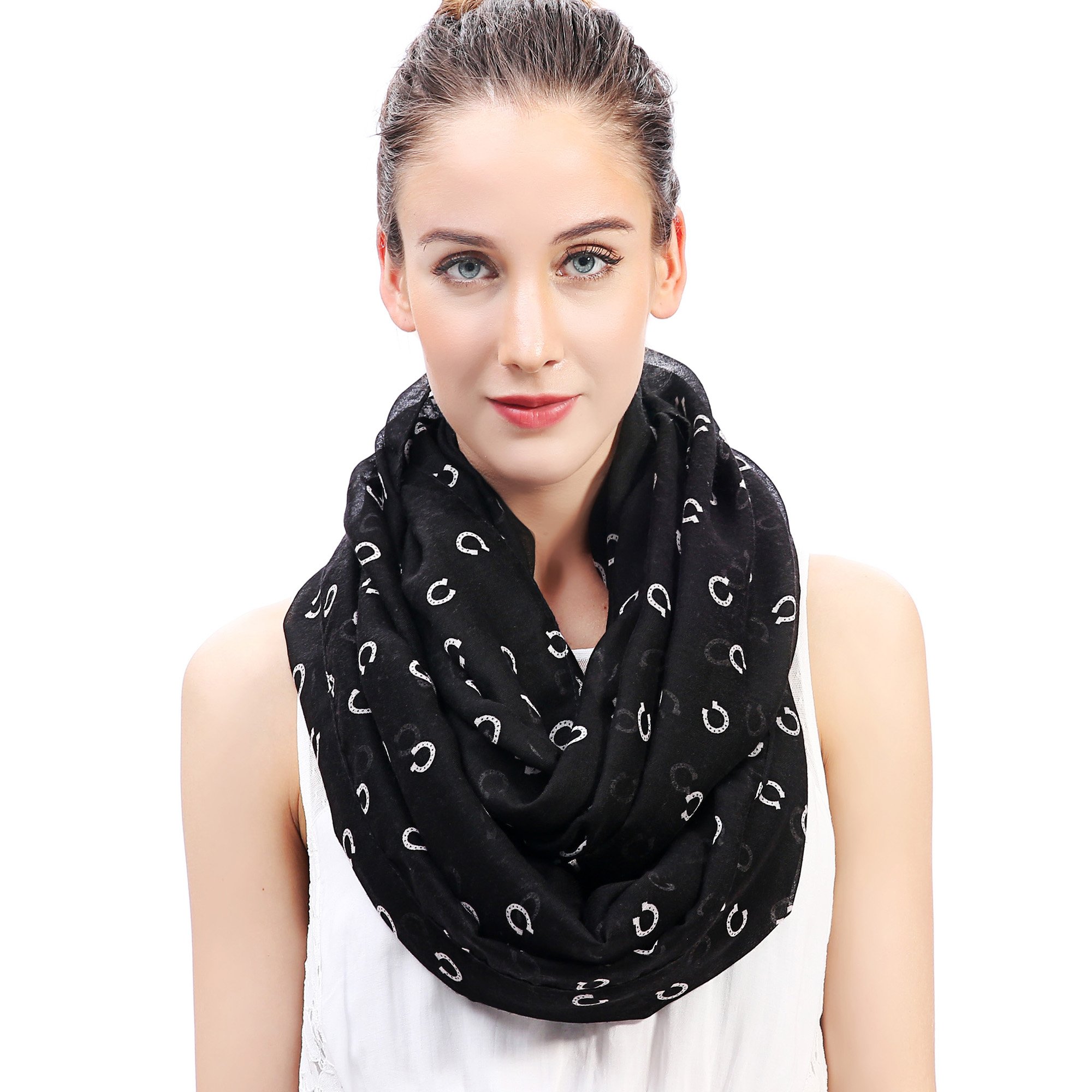 Lina & Lily Horseshoe Print Lightweight Snood Scarf (Black)