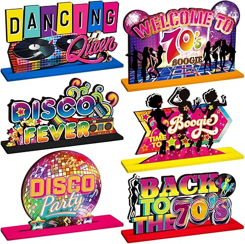 6 piezas de mesa de madera para fiesta de discoteca de los años 70, recuerdos de fiesta de regreso a los años 70, letrero de mesa para cumpleaños,