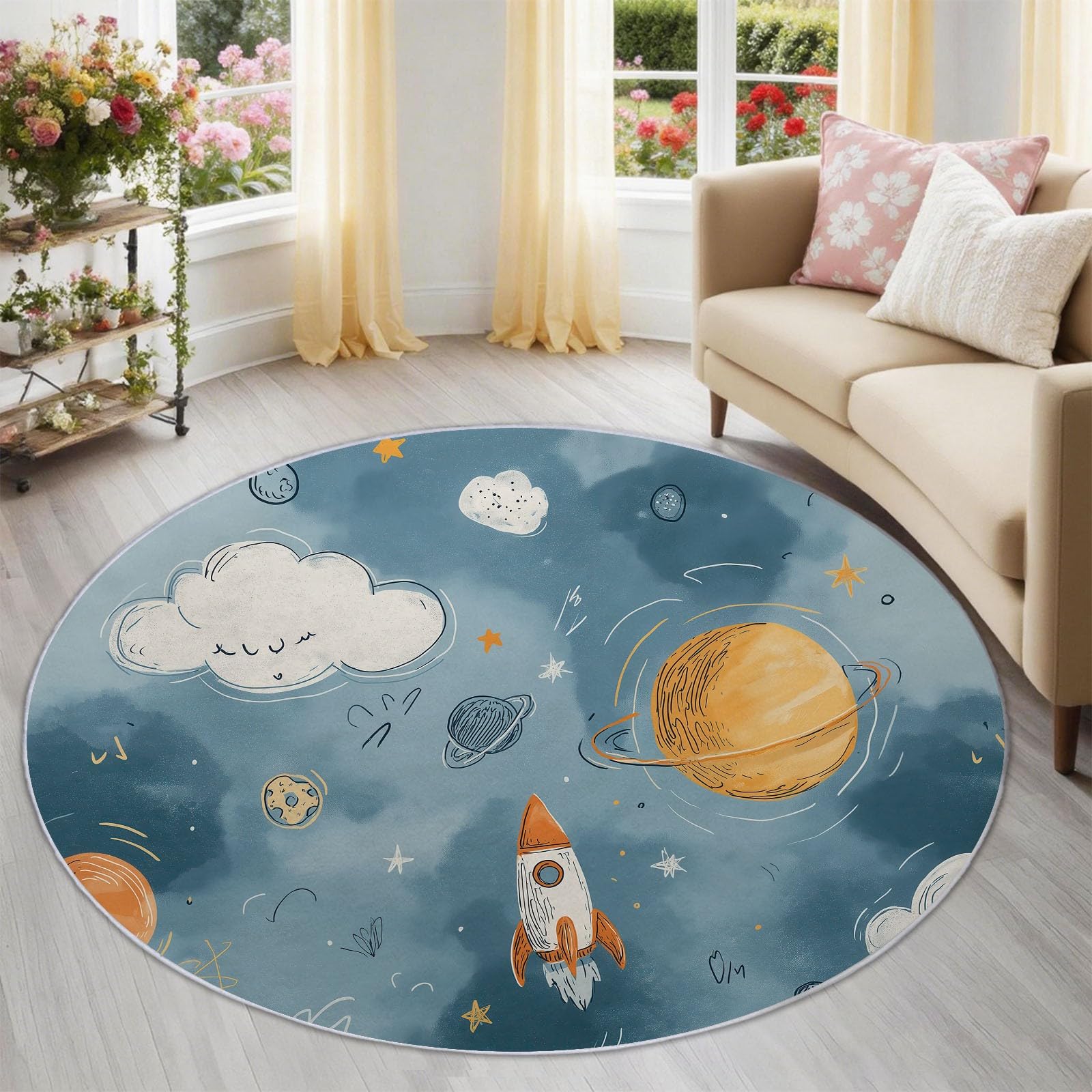 Rakete Planeten Runder Teppich rutschfest 150 cm für Esszimmer & Flur, Blau für Esszimmer & Flur, Cartoon Spaß Weltall Weicher Kurzflor Teppich Waschbar Pflegeleicht