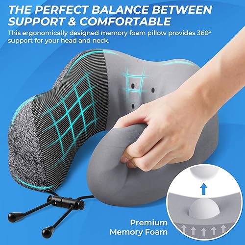 Miniatura 10 de ExploreBliss Almohada de viaje, almohadas de viaje para dormir en avión, funda extraíble para el cuello con cierre ajustable, juego de almohada de