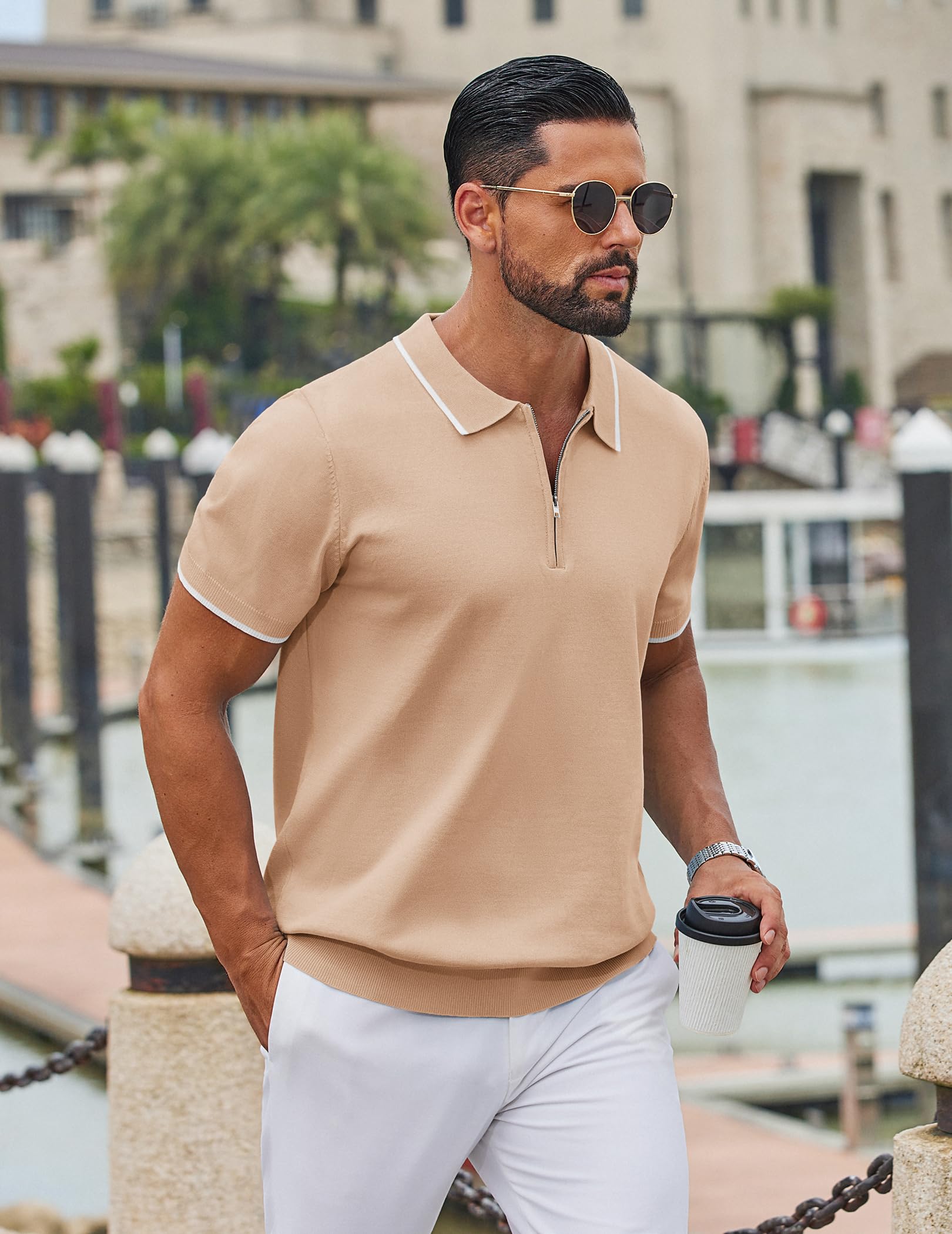 COOFANDY Polo de manga corta con cremallera para hombre, estilo informal