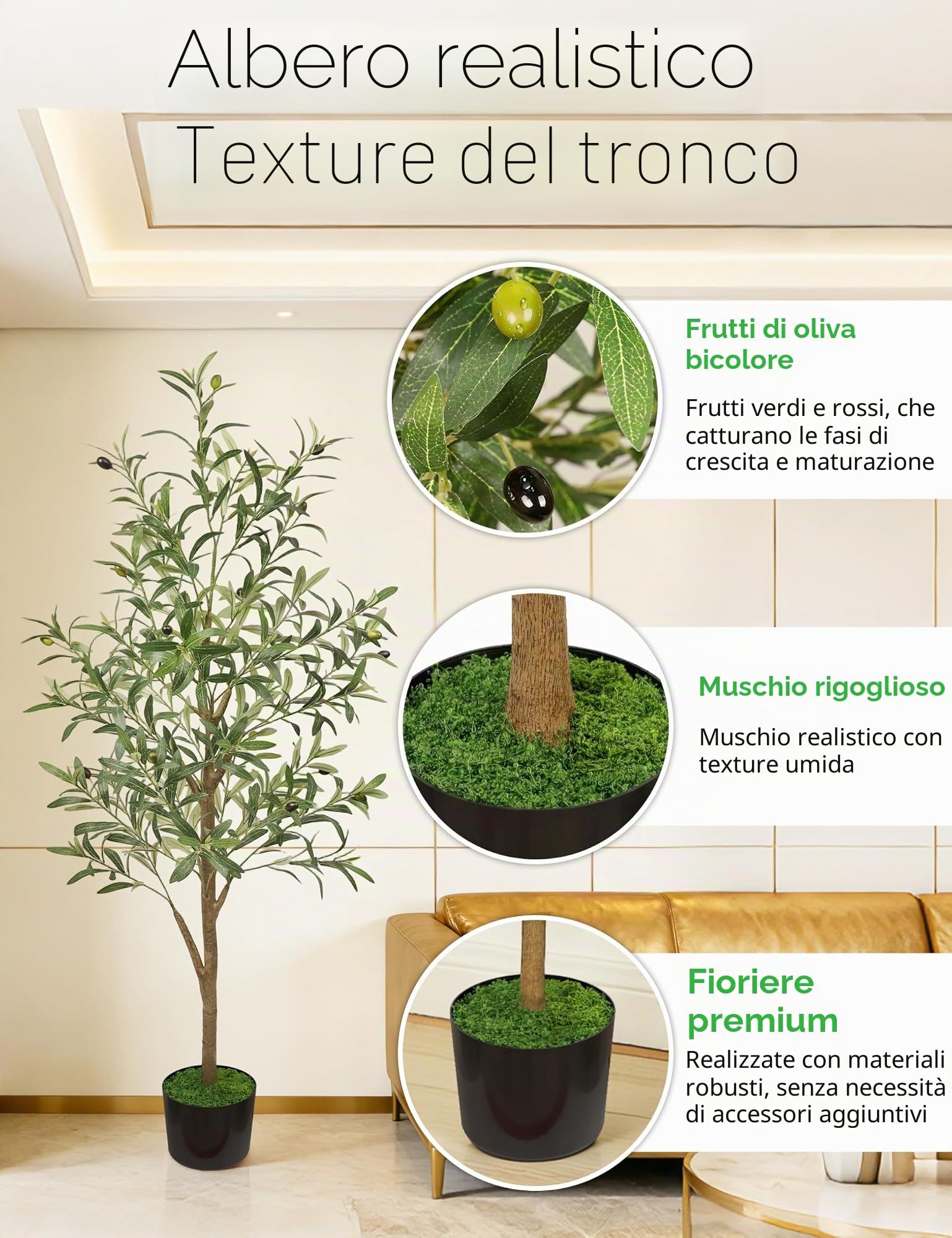 Ulivo artificiale da 1,5 m, ulivo finto con tronco naturale realistico, foglie e frutti realistici, grande ulivo da interno con robusta fioriera nera, ulivo finto per la decorazione della casa e del