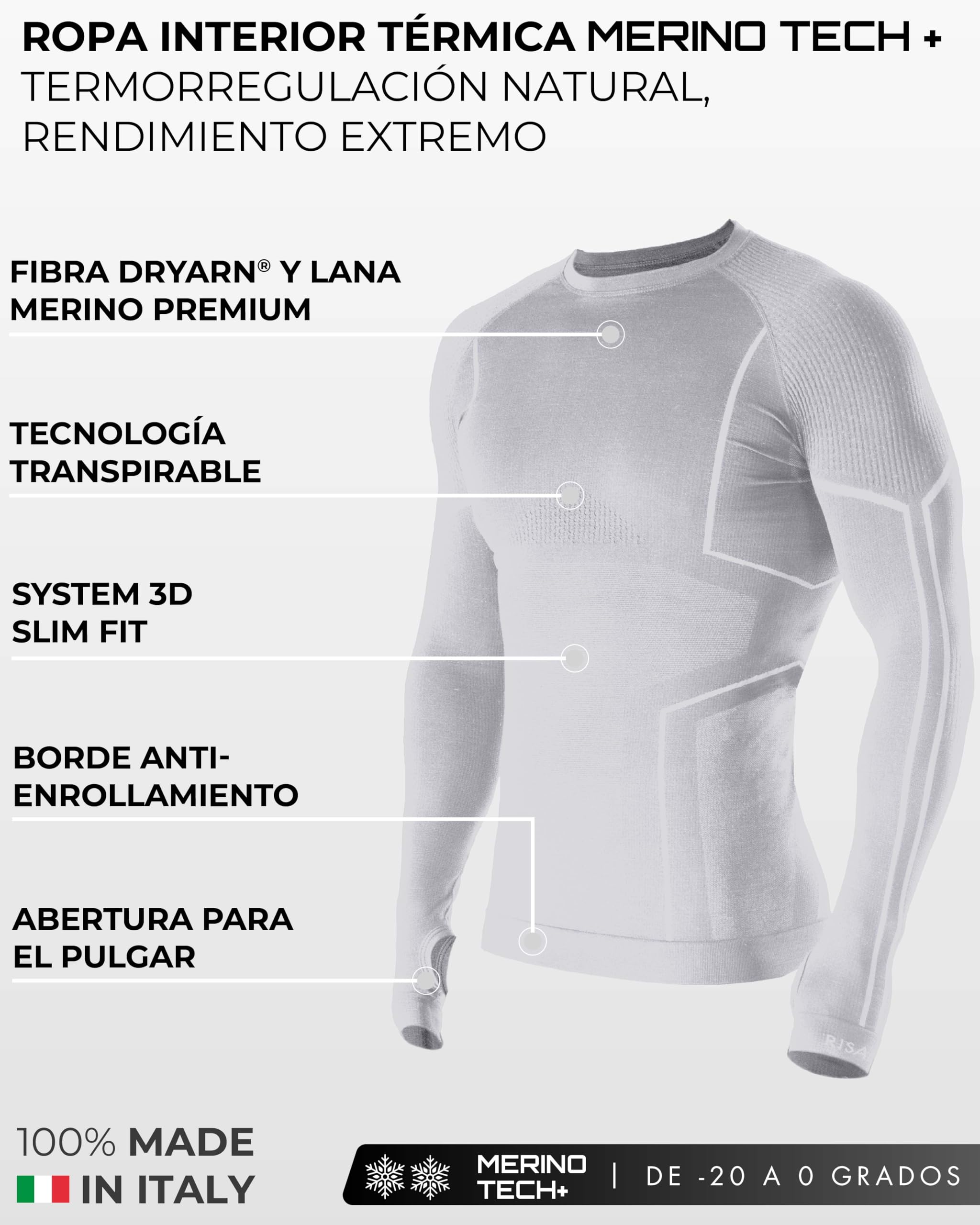 Risalti Camiseta térmica de hombre de manga larga Merino Tech – Camisetas térmicas para hombre de compresión de lana merino, ropa interior térmica para hombre de invierno, térmica, sin costuras –