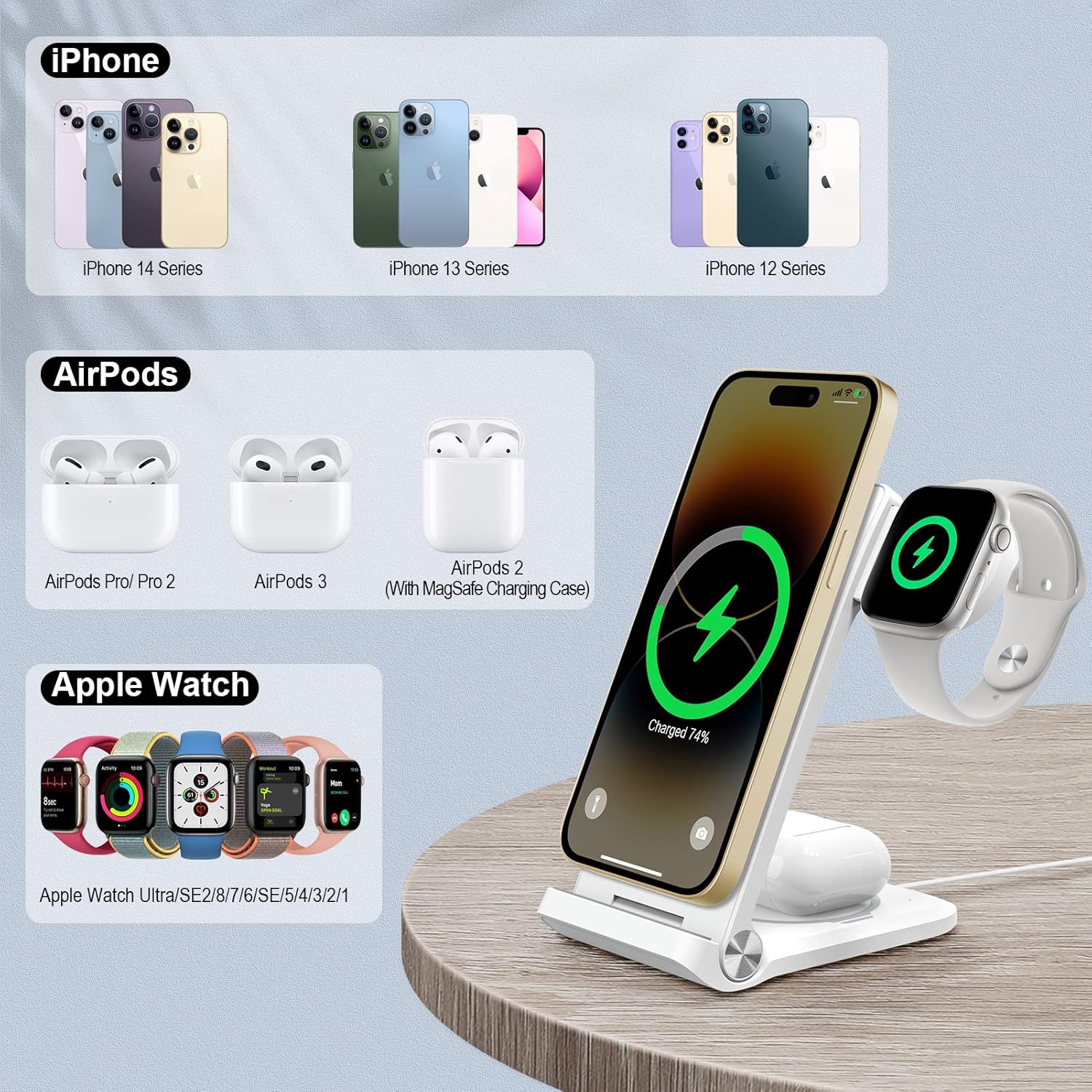 Nillkin 3 in 1 Charging Station for Apple Devices, Foldable&Portable Magsafe Charger Stand for iPhone 15/14/13/12 Pro Max/Pro, Only for Apple Watch Ultra/8/7/SE/6/5/4/3/2, for AirPods
