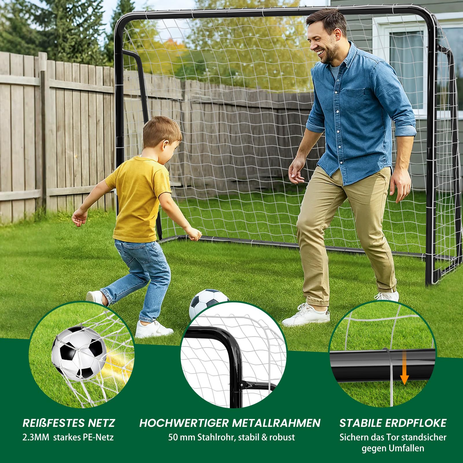 Fußballtor für Garten Kinder & Erwachsene, Robustes Fussballtor Outdoor mit Stahlrahmen, wetterfestem Netz, Erdankern, 6 Hütchen, Fußball Tor Set für Training, Schwarz