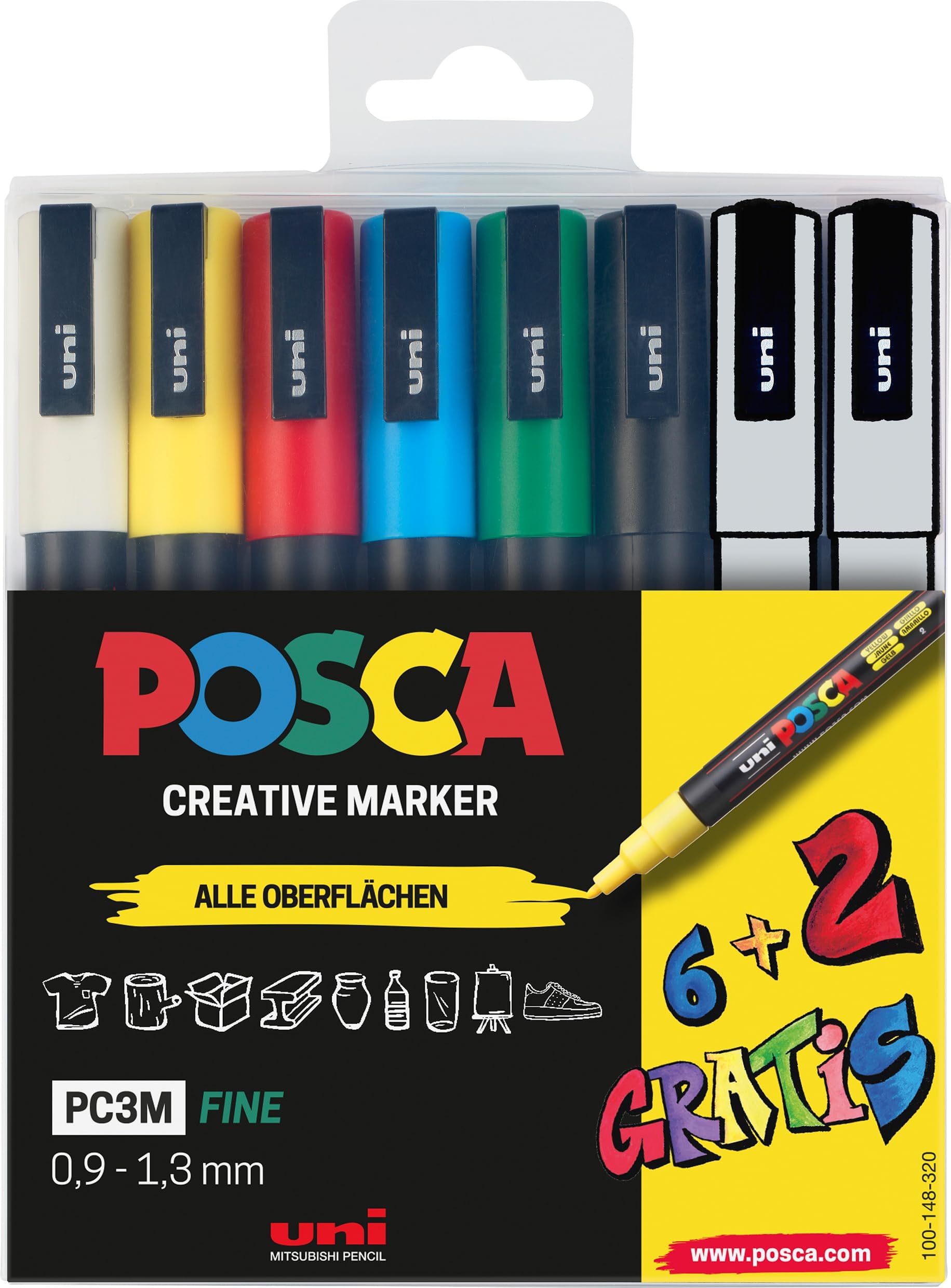 Uni-Ball 186832 Viltstiften POSCA, 20 acrylstiften in etui, Pop Colours viltstiftenset, PWE5M punt 1,8-2,5 mm