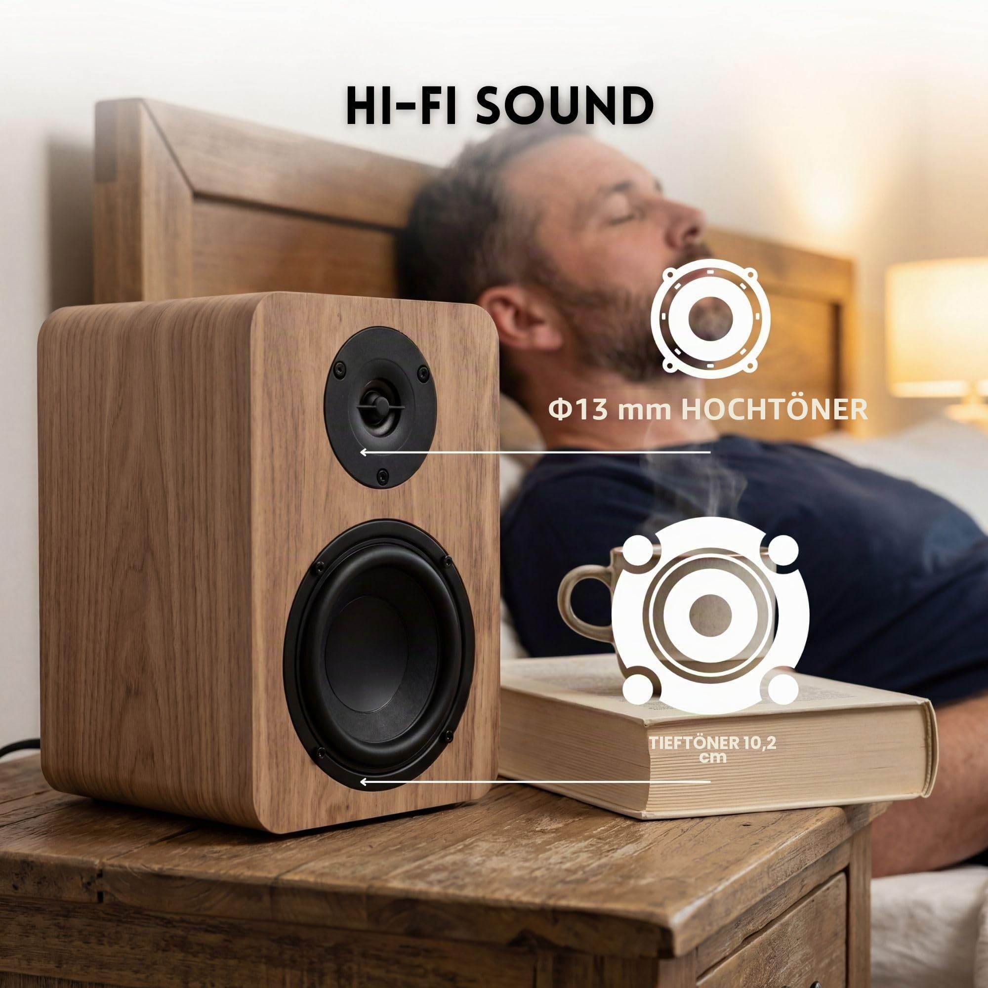 VULKKANO A4 ARC MKII Autoamplifizierte Lautsprecher mit 4" Woofer, Bluetooth 5.0, HDMI ARC, Optik, RCA, USB, mit Subwoofer-Ausgang, Studiomonitore mit elegantem Design, Farbe Braun