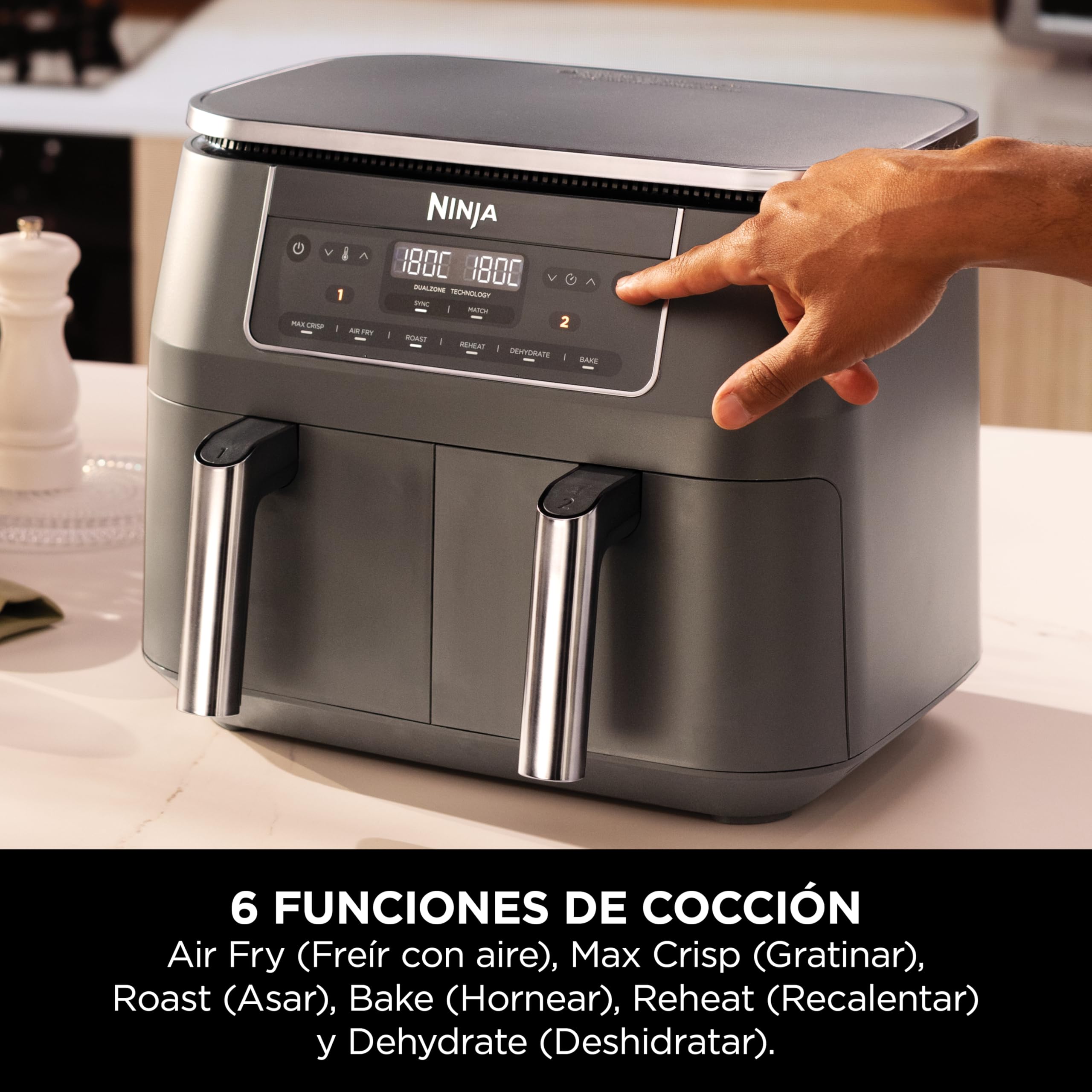 Ninja Freidora de aire con compartimento doble, 2 cajones, 7,6 l, 6 en 1, sin aceite, fríe con aire, gratina, asa, hornea, recalienta, deshidrata, cestas antiadherentes, gris metalizado DZ300EU
