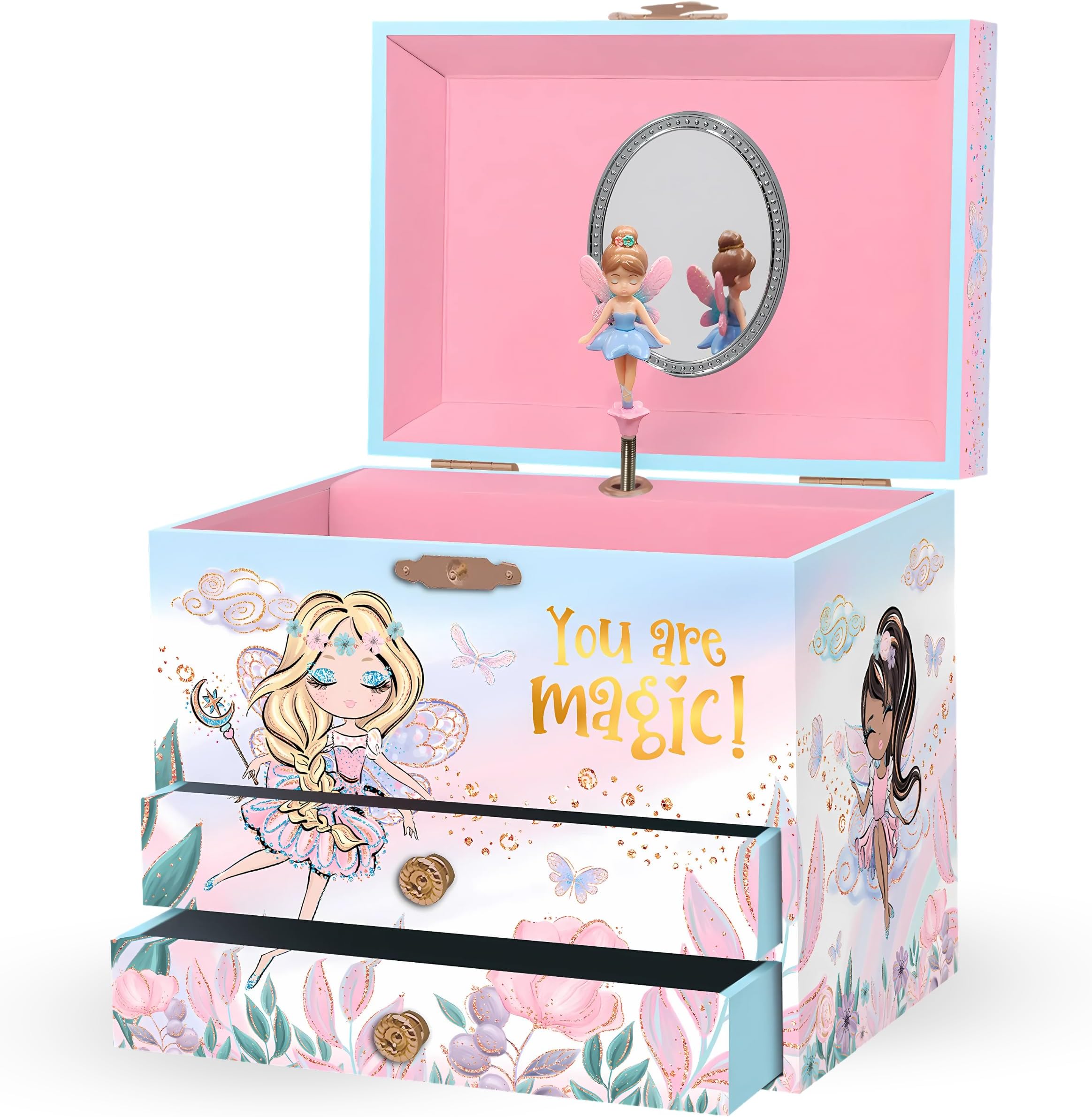 Fairy Musical Jewelry Box for Girls - Music Box for Kids with Rotating Fairy and Mirror, Birthday Gift for Girls, Children's Jewelry Box for Ages 3-10 - 6.75 x 5.25 x 6 inches