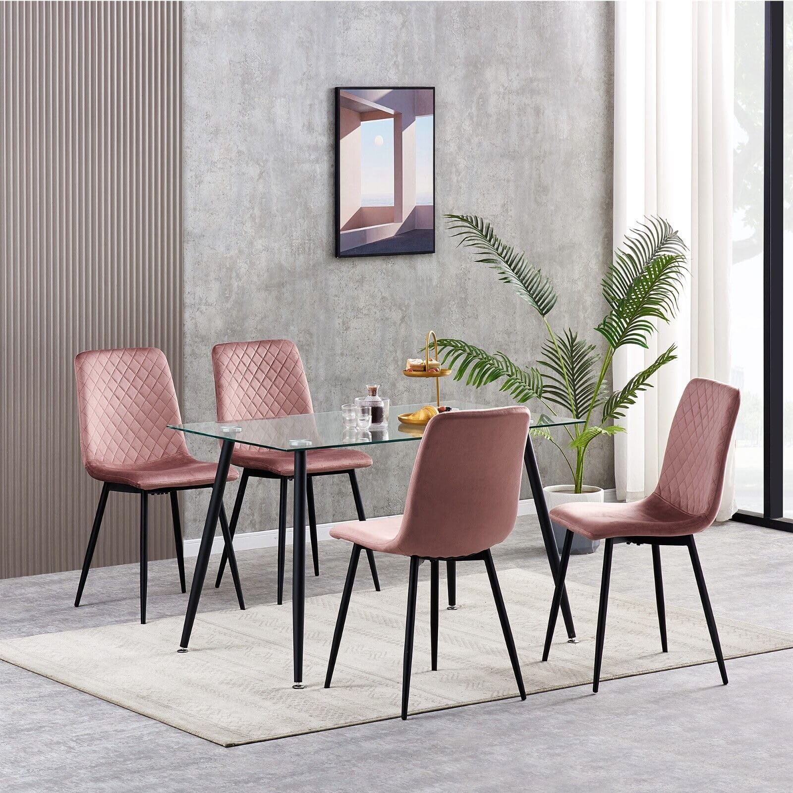 mcc direct Set mit 4 Designer Esszimmerstühlen aus Samtstoff, Metallbeine, Lexi-Stühle (Rosa)
