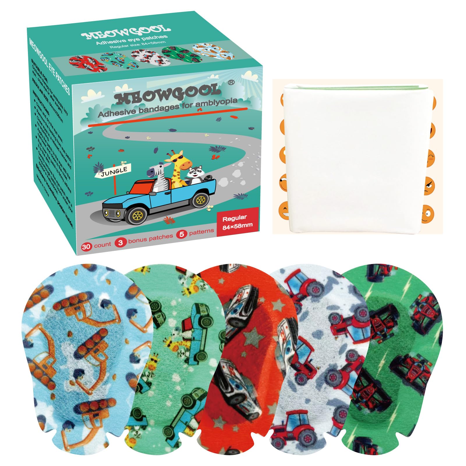 Selbstklebende Augenklappen für Kinder, 66/bx, Reg-Größe, 5 Autos Design | Klebebandagen für Amblyopie, atmungsaktiv, Lichtblock, einzeln verpackt, keine klebrigen Rückstände, Belohnungsposter