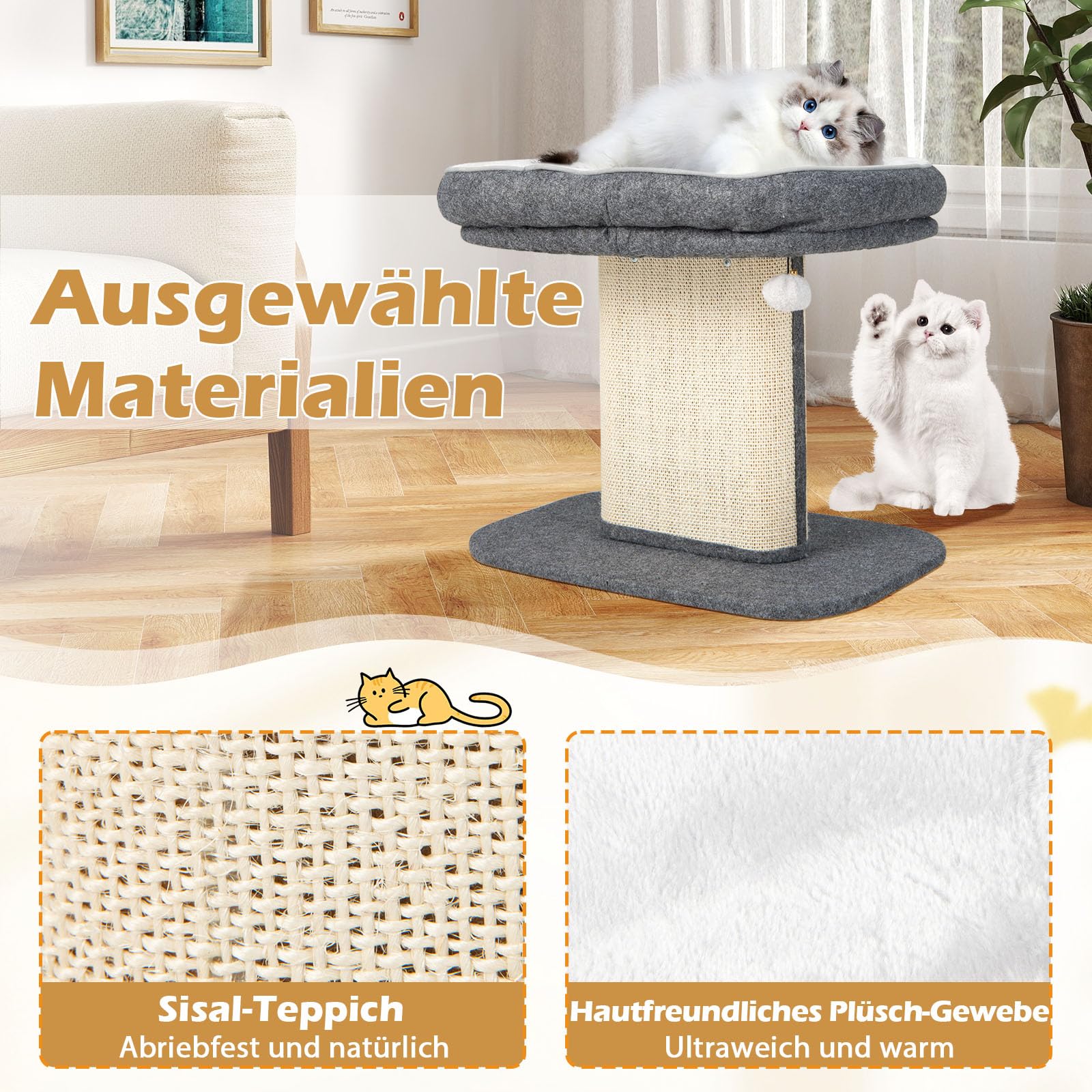 GYMAX Kratzbaum 50 cm hoch, Kletterbaum mit weicher Plüschsitzfläche, Katzenbaum mit Sisal-Kratzsäule & Ball, Katzenkratzbaum aus Holz, Aktivitätsbaum, kleine Katzenmöbel, Spielbaum (Grau)