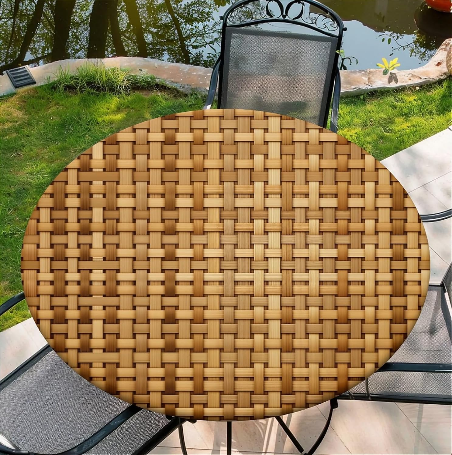 Round Fitted Tablecloth with Elastic Edge, Waterproof Stain Resistant Fabric Table Cover for 61"-65" Round Table, Indoor Outdoor Dining, Kitchen Decor, Camping, Party, Holiday, Woven Rattan