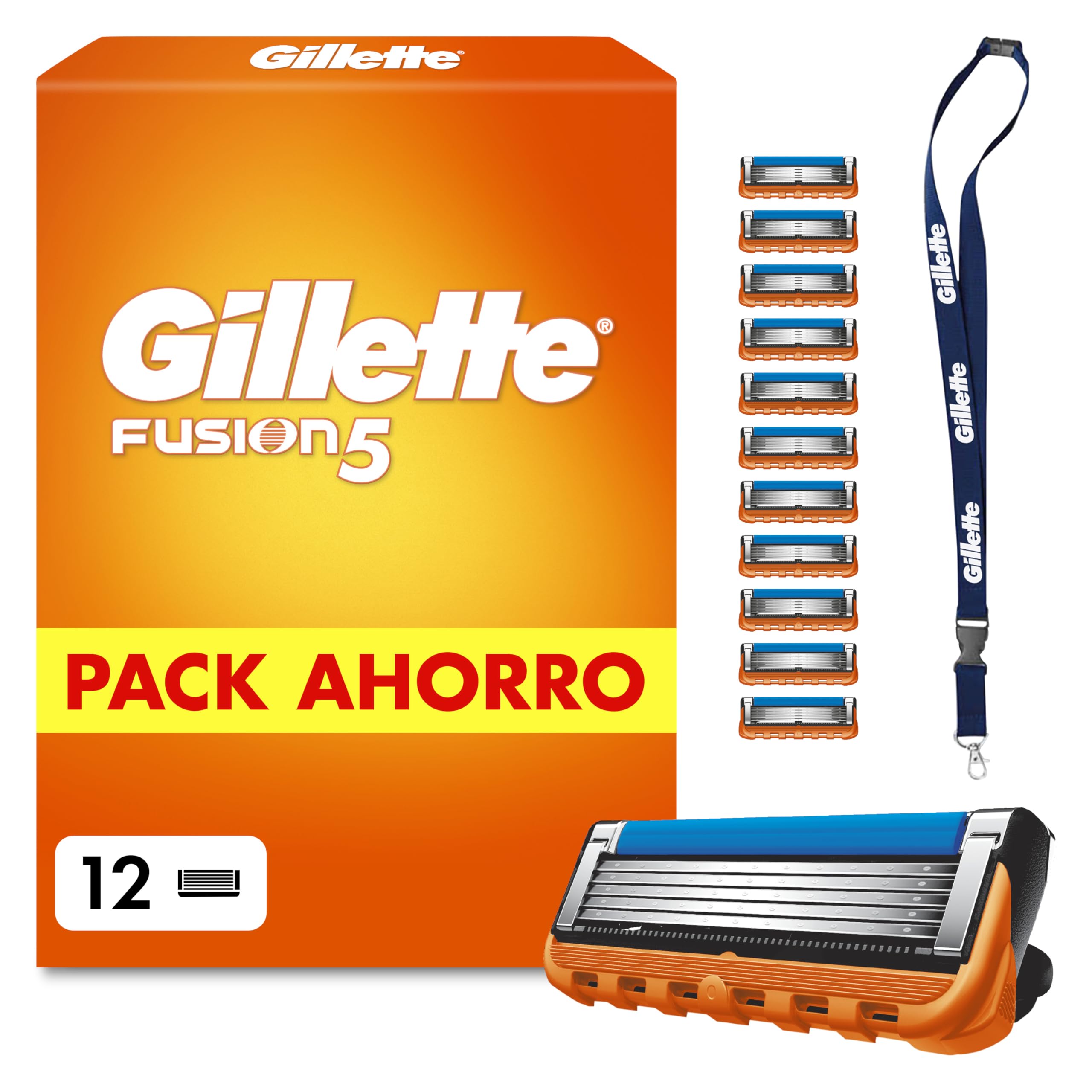 Gillette - Recambio de maquinilla de afeitar Fusion5 para hombres, pack de 12, autépticos, cartuchos con banda lubricante y 5 cuchillas para un afeitado manual eficiente, lote de recambios de fusión