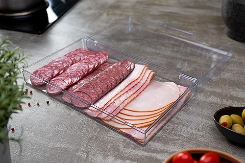 Vista 17 de Pikanty - Recipiente de tocino para refrigerador Almacenamiento de nevera y cárter de delicatessen con pinzas para servir alimentos y placa