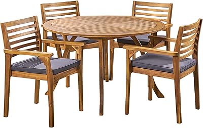 Great Deal Furniture Alma Acacia Patio Dining Set, 4-Seater, 47" Round Table with Carved Legs, Teak Finish, Dark Gray Outdoor Cushions