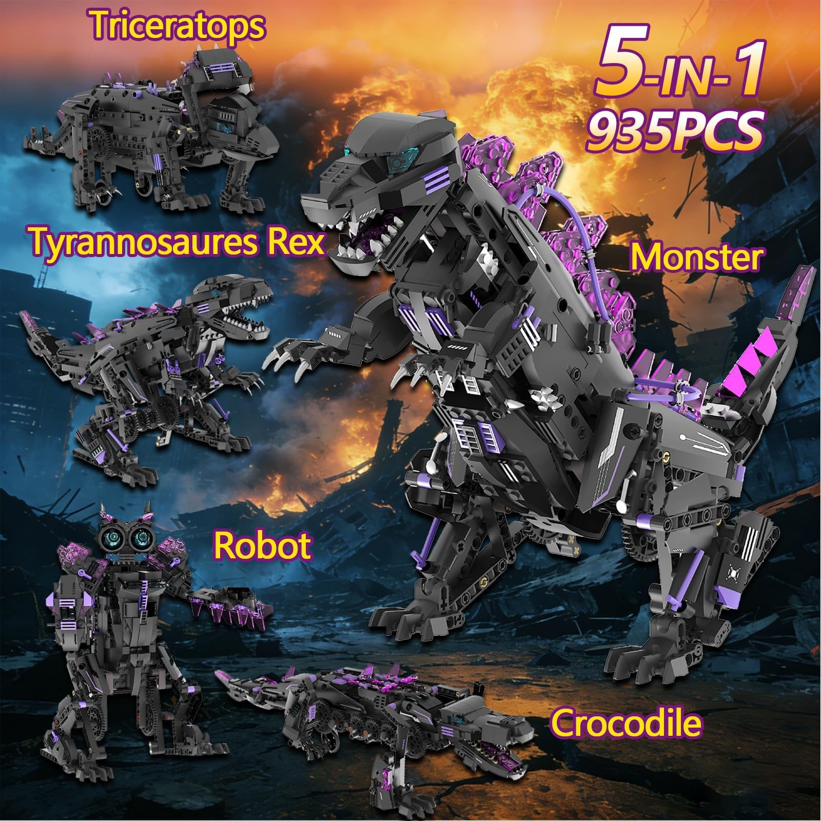Kit De Construction Robot Dinosaure Avec Télécommandé, Kit De Blocs Jouet Robot Dinosaure Transformable 5-En-1 STEM Programmable Et APP, Pour Enfants 8 Ans+, Modèles Tricératops Et Ptérosaure