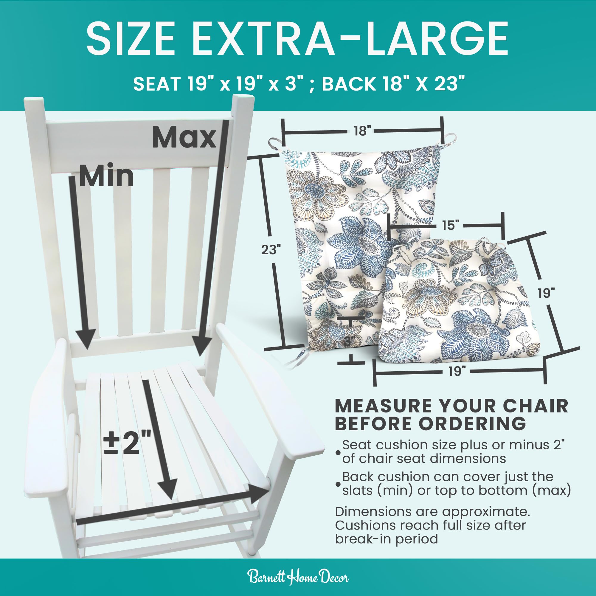 Barnett Home Decor Porch Rocker Cushions Set, Foam Filled Latex Chair Cushion & Backrest Pad Set, Made in USA, Standard Size 23 x 19 Inches Outdoor Rocker Cushion, Blue Floral, Blue/White