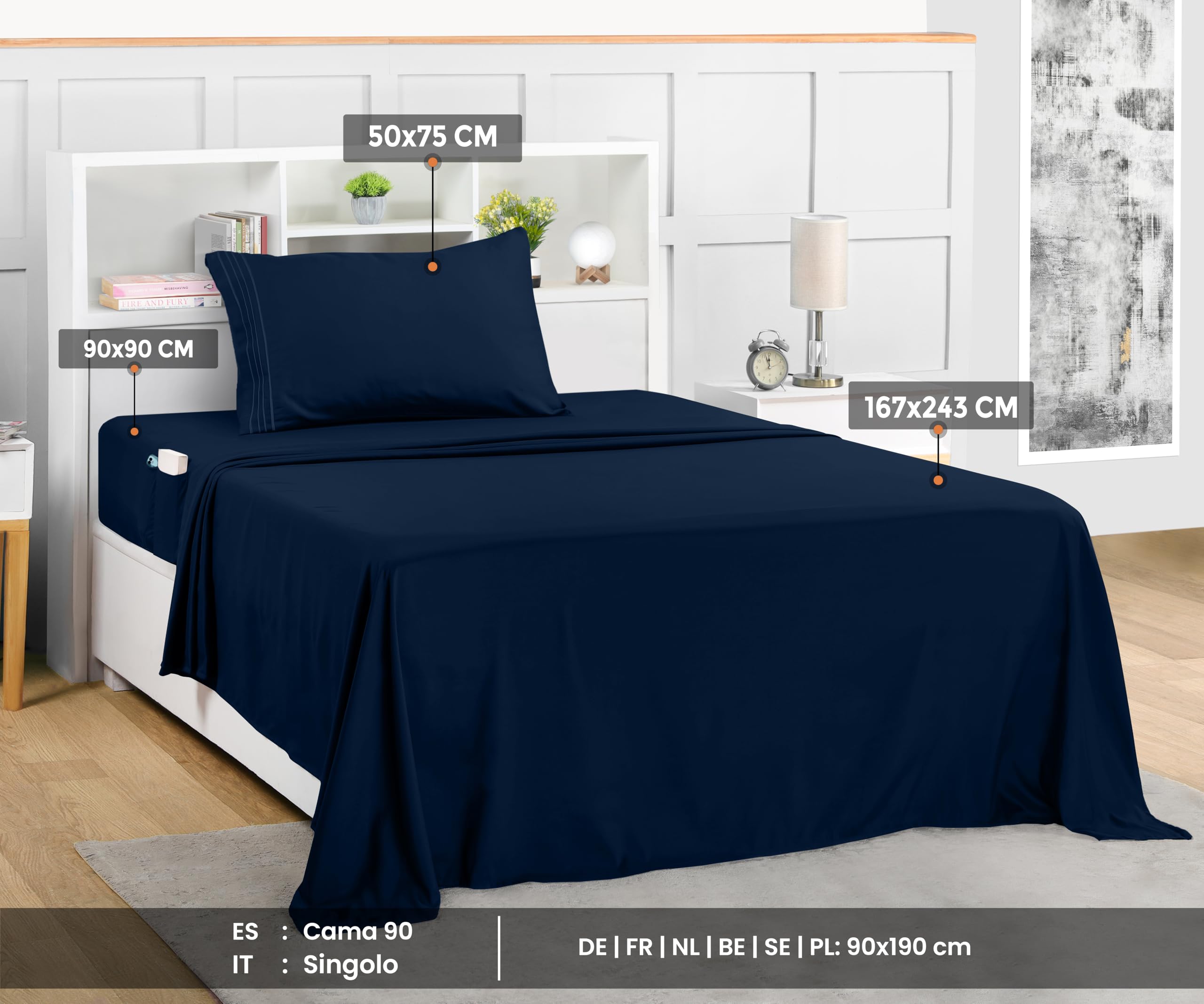 Utopia Bedding Set Lenzuola Ricamate Singolo 3 Pezzi 90x190 cm - Microfibra di Poliestere - Lenzuolo con Angoli con Tasche Portaoggetti, Lenzuolo Piatto e 1 Federe Ricamate, Blu Navy