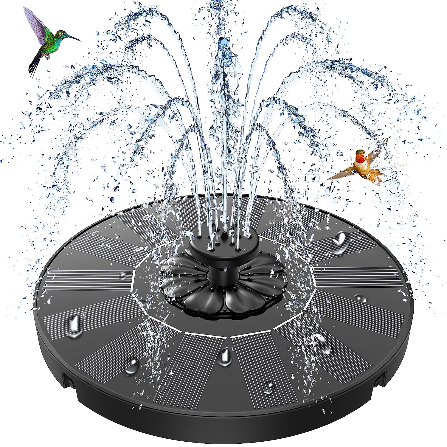Photo 1 of SZMP Solar Fountain 2026 Upgrade, Solar-Powered Bird Bath Fountain with 4 Fixed Rods & 7 Nozzles for Garden, Pond, Pool, and Patio – No Battery Required, Attracts Hummingbirds & Wildlife