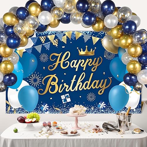 Miniatura 4 de Telón de fondo para decoración de cumpleaños de hombre, letrero de fondo de cumpleaños azul marino y dorado, pancarta de feliz cumpleaños,