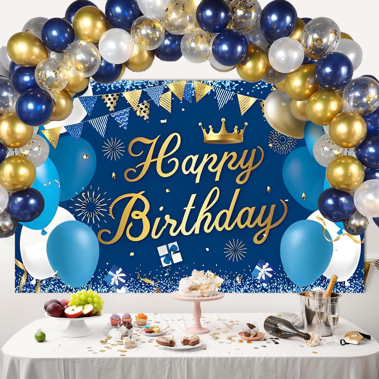 Gelukkige verjaardag achtergrond, marineblauw en zilver glitter verjaardagsfeestje decoratie achtergrond, verjaardagsfeestje benodigdheden foto achtergrond voor mannen vrouwen tieners kinderen