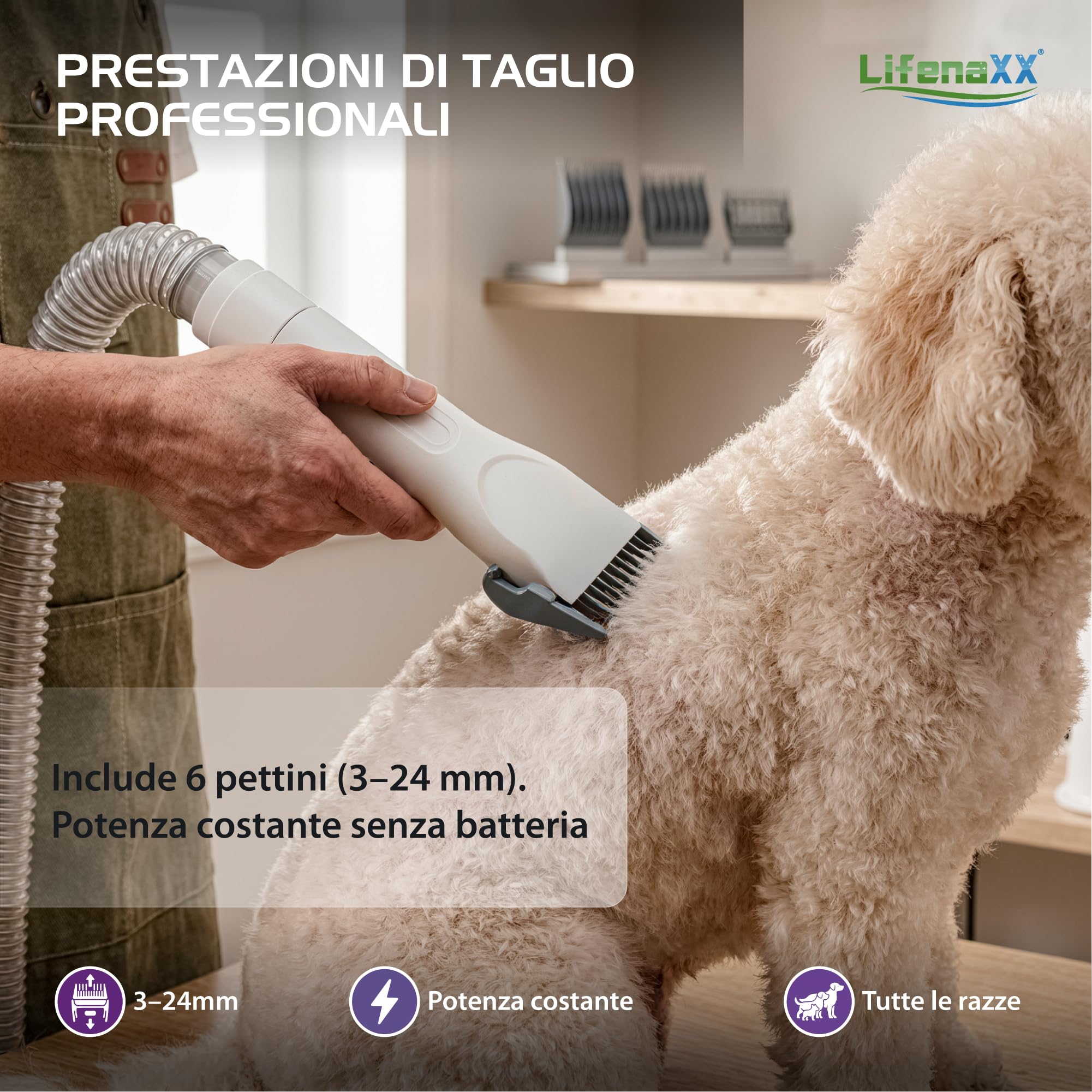 Lifenaxx Tosa Animali 6 in 1 con Aspirazione – Kit Tosatura per Cani e Gatti, Silenziosa, Tosa Elettrica con 6 Pettini, Spazzola Districante, Testina Massaggiante, Contenitore 1,5L - LX-052