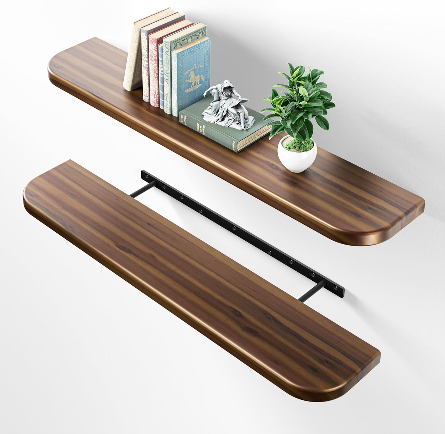 BATODA Set of 2 36 Acacia Floating Shelves for Wall (Round Edge) - Floating Bookshelf Wall - Storage Wood Shelves for House Decor, Kitchen, Bathroom - Brackets and Hardware Included (Walnut Color)