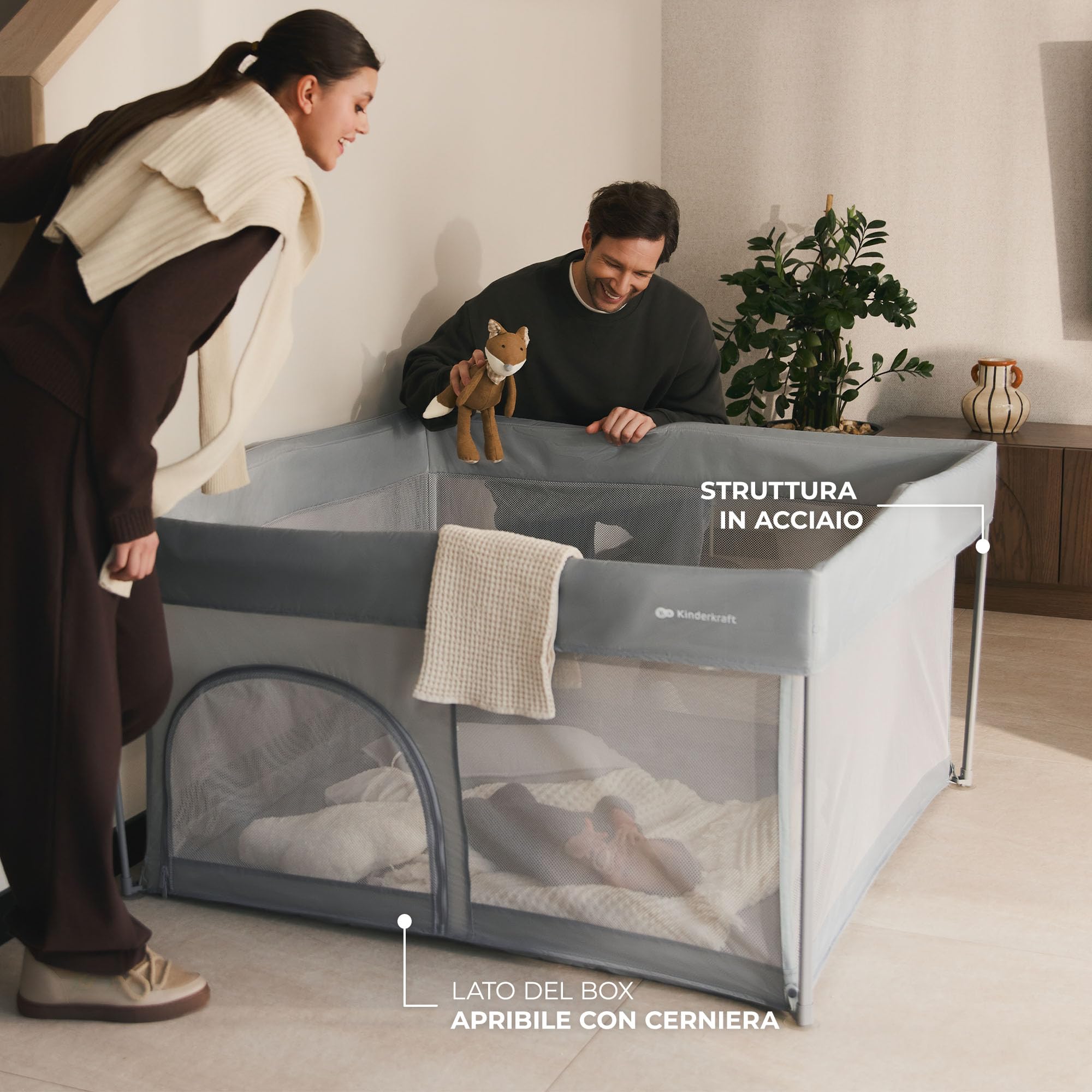 Kinderkraft ZIKI Recinto per Bambini, Robusto Parco Giochi Sicuro per Neonati e Bambini Fino a 4 anni, Centro Attività, Piegatura Rapida, Borsa Inclusa, Lati in Rete Traspirante, Grigio