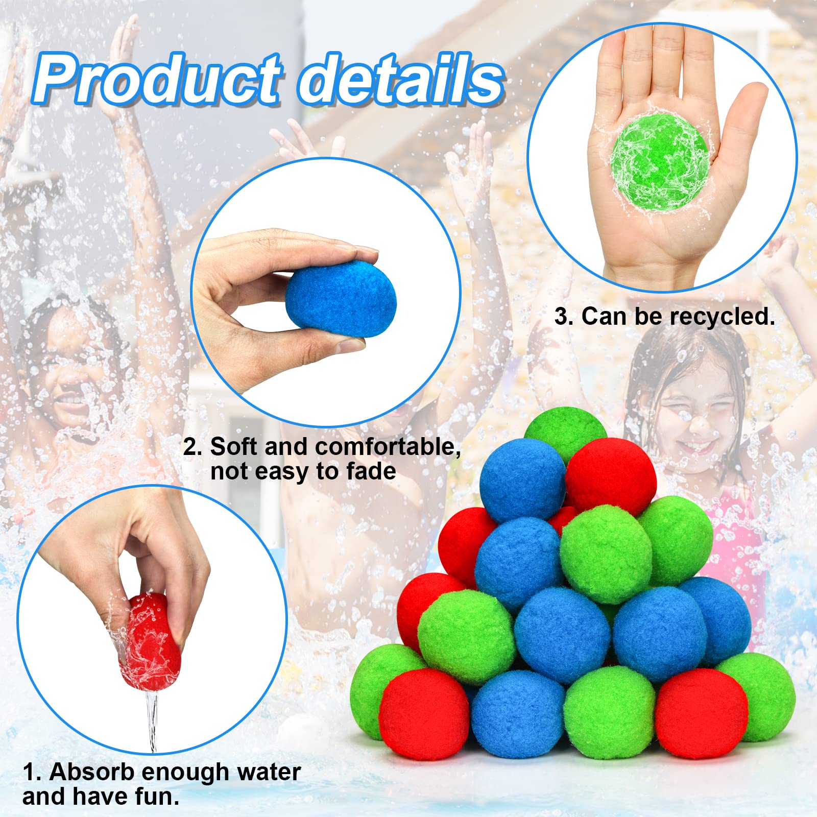 Aurasky Balles à Eau Réutilisables, 30 Pcs Ballon d'eau en Peluche, Bombes à Eau Colorés, Boules à Eclaboussures, Jouets Aquatiques pour Enfants Extérieur Parc Aquatique Piscine Plage