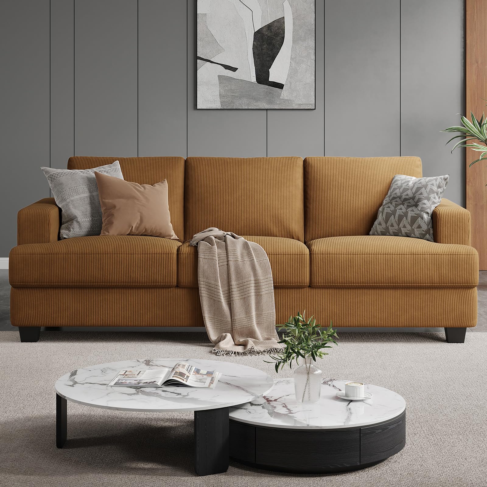 COPIAE 89 Inch Sofa with Extra Deep Seats Oversize, 3 Seater Sofa for Living Room, Modern Couch and Sofa, Comfy Armrests and Seats and Backrests, Easy Installation, Corduroy Fabric Ginger Yellow (Incomplete)