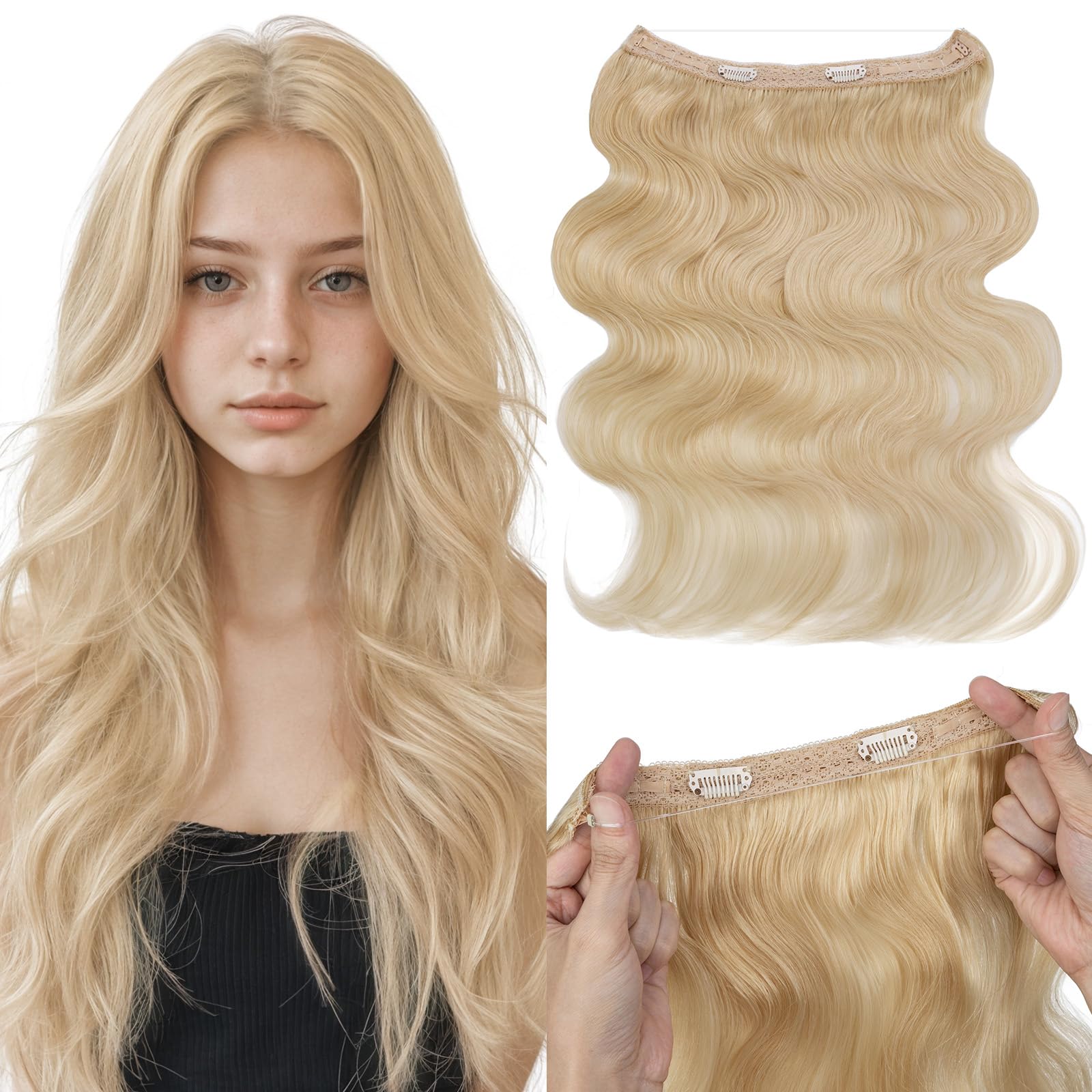 Halo Hair Extensions Real Human Hair, MY-LADY Adjustable Halo Extensions Real Human Hair, 12 inch Platinum Blonde Women's Long Wavy Hair Invisible