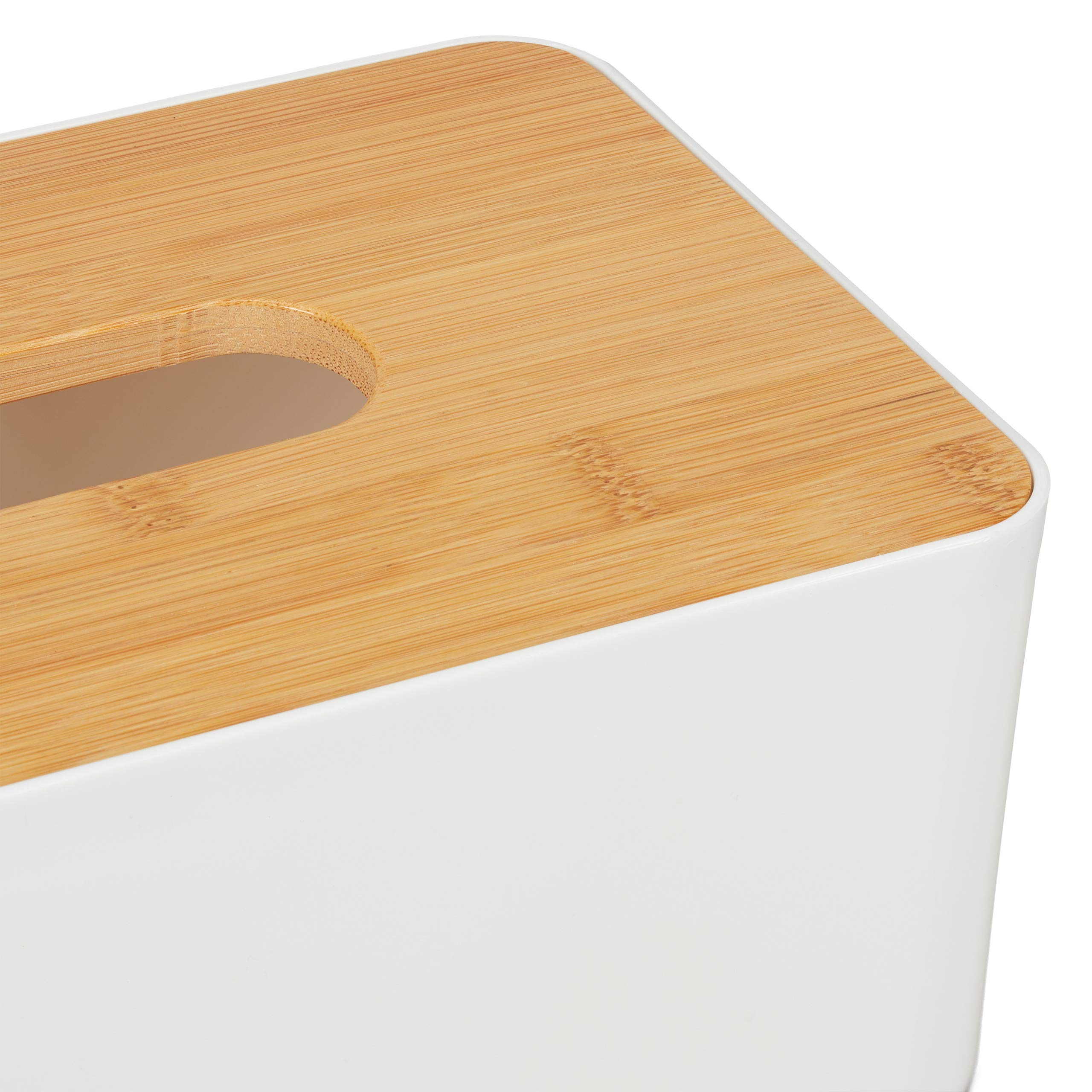 Relaxdays Porta Fazzoletti con Coperchio in bambù, per Bagno, Design Moderno, Plastica, HLP 10x23x13 cm, Bianco/Naturale