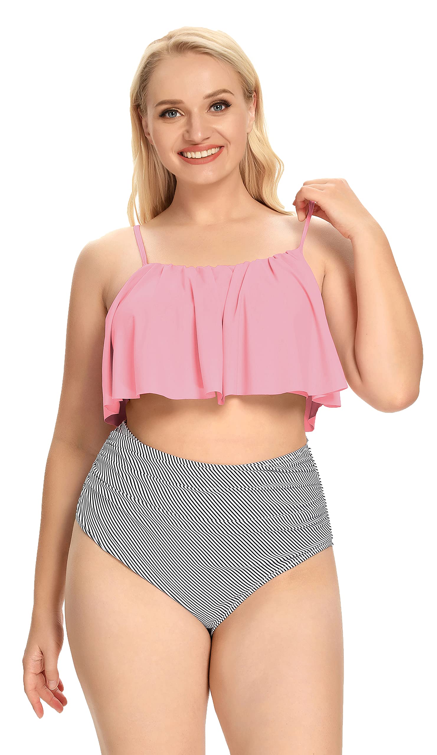 SHEKINI Traje de baño de Dos Piezas para Mujer Ajustable Elegante Volantes Bikini de Cintura Alta Talla Grande Conjunto de Bikini 2 Piezas Estampado Ropa de Playa Tankini Set