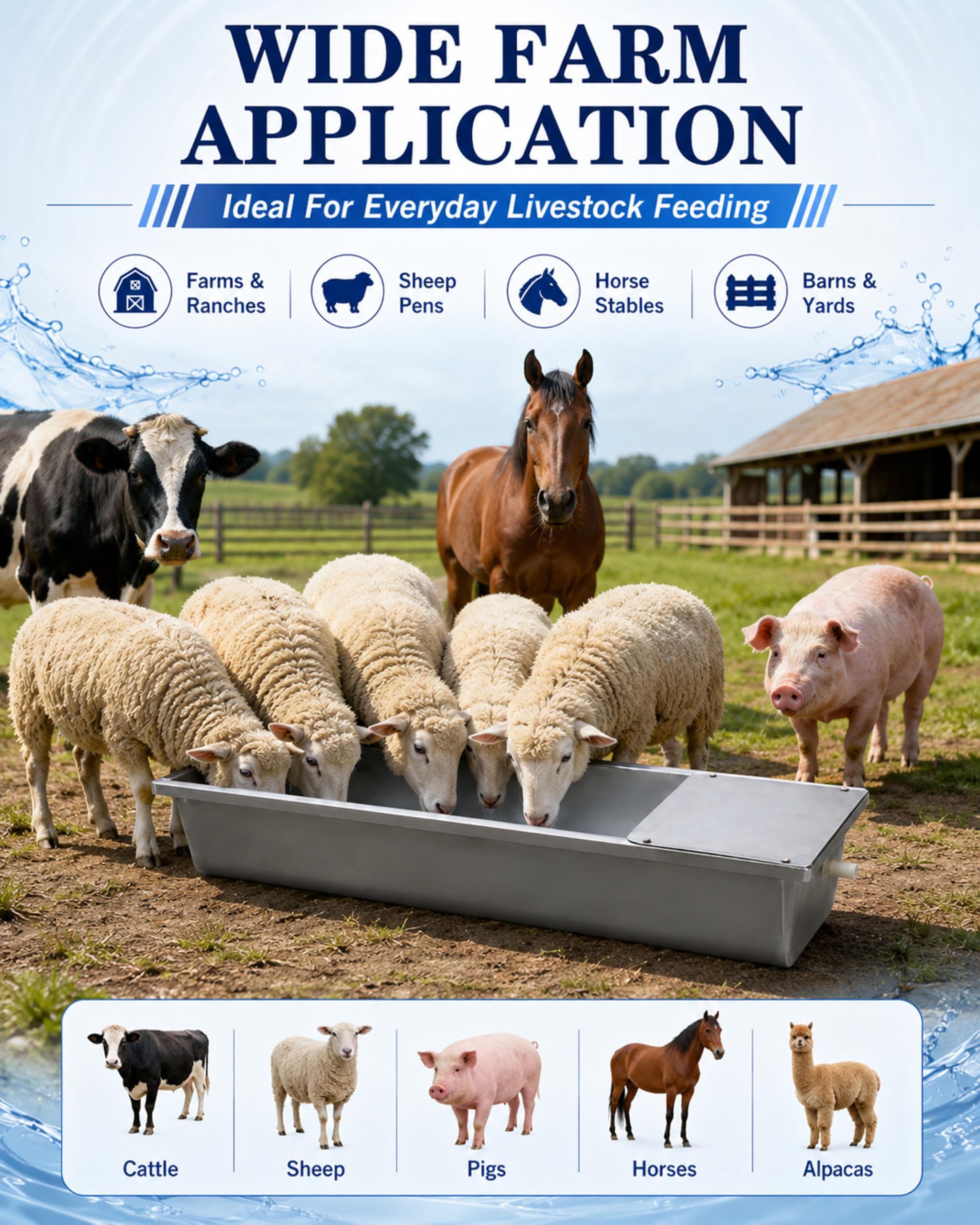 Abbeveratoio Automatico per Cavalli Bestiame in Acciaio Inossidabile Grande capacità con Valvola Galleggiante Mangiatoia per Capre Maiali Pecore Bovini Fattoria Esterno,Argento,150cm