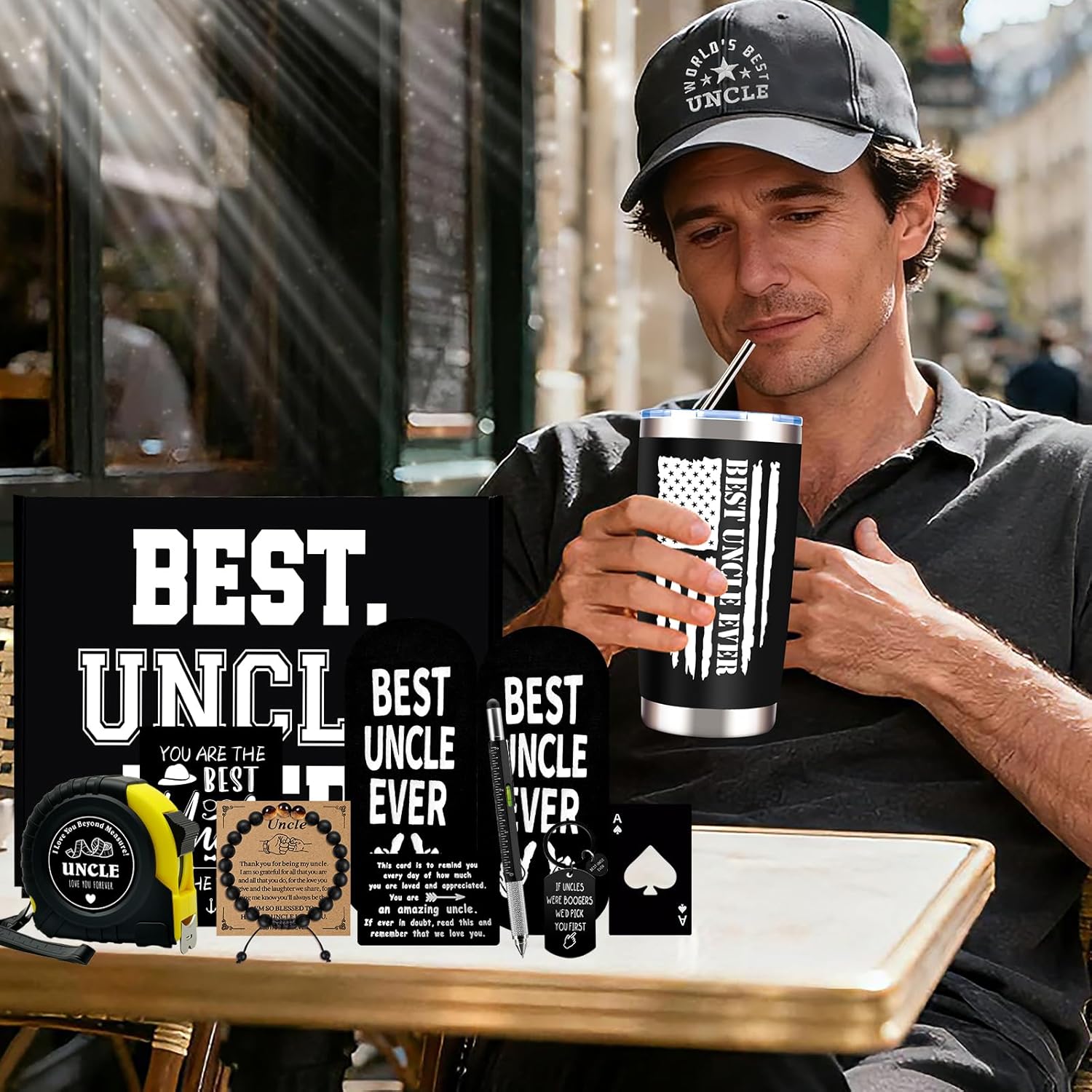 11 Pcs Best Uncle Ever Gift, Father's Day Gifts, Uncle Gifts for Men with 20 Oz Tumbler Socks Baseball Cap Tape Measure Bracelet Wallet Card Keychain, Birthday Christmas Gift from Niece Nephew - Image 4