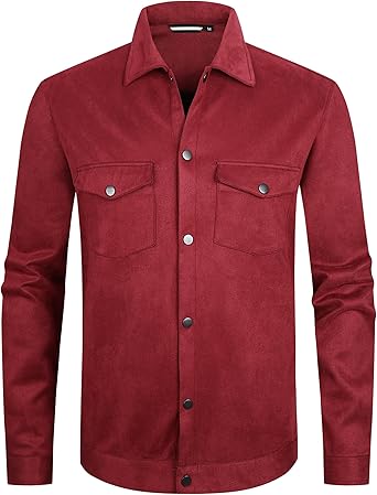 Alex Vando Mens Suede Shirt Jackets Long Sleeve Two Pockets Snap Casual Button Down Shirts