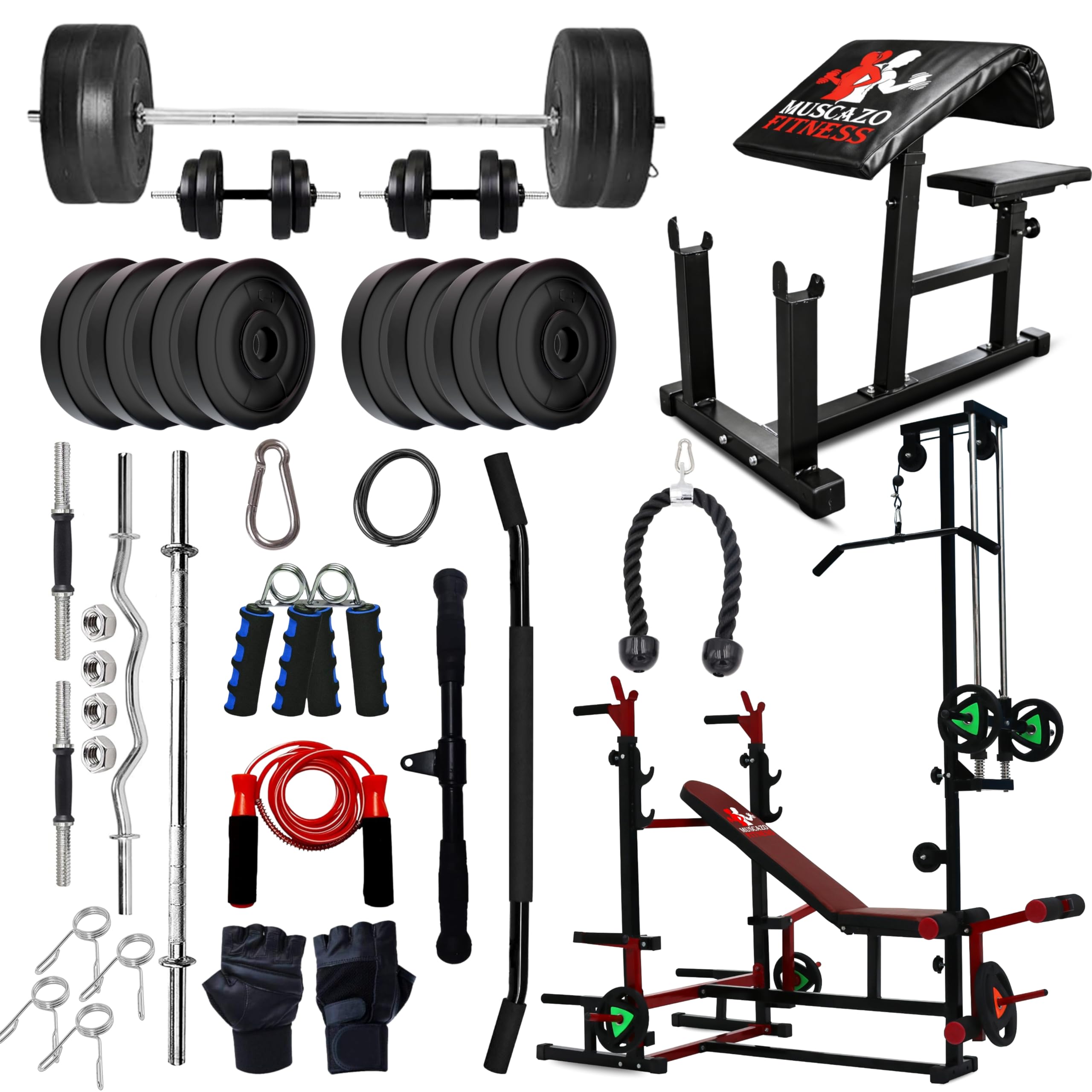 80KG Complete Home Gym Combo with PVC Weight Plates & Barbell, 20-in-1 Multi-Functional Bench with Lat Pulldown & Rack, Preacher Curl Bench, Cable Attachments & Accessories (80KG COMBO)-image-28